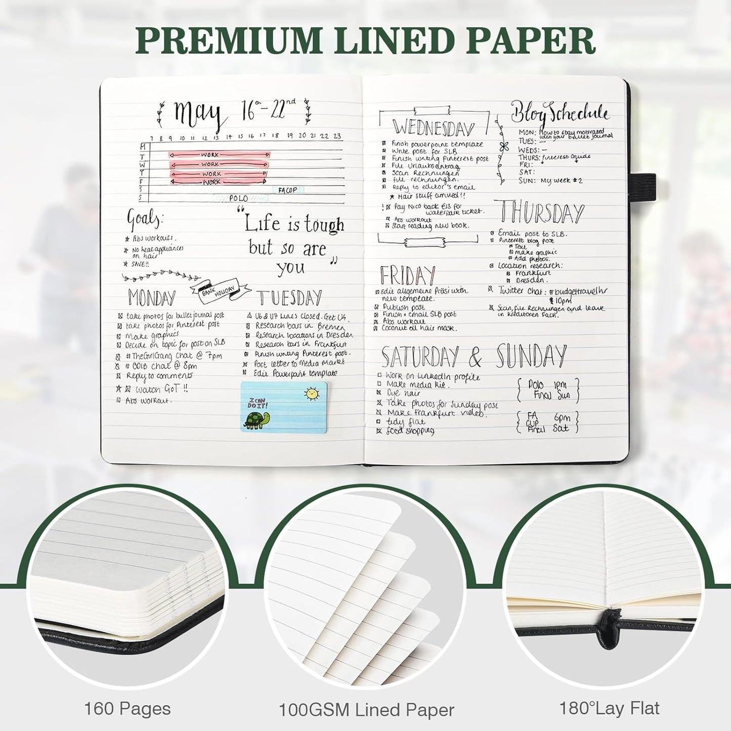 Lined Journal Notebook, 3 Pack A5 College Ruled Notebooks for Work, Hardcover Notebook Each with 2 Pockets & Pen, Leather Journal for Women, Men, 160 Pages, 100GSM Thick Paper (Blue, Black, Green)