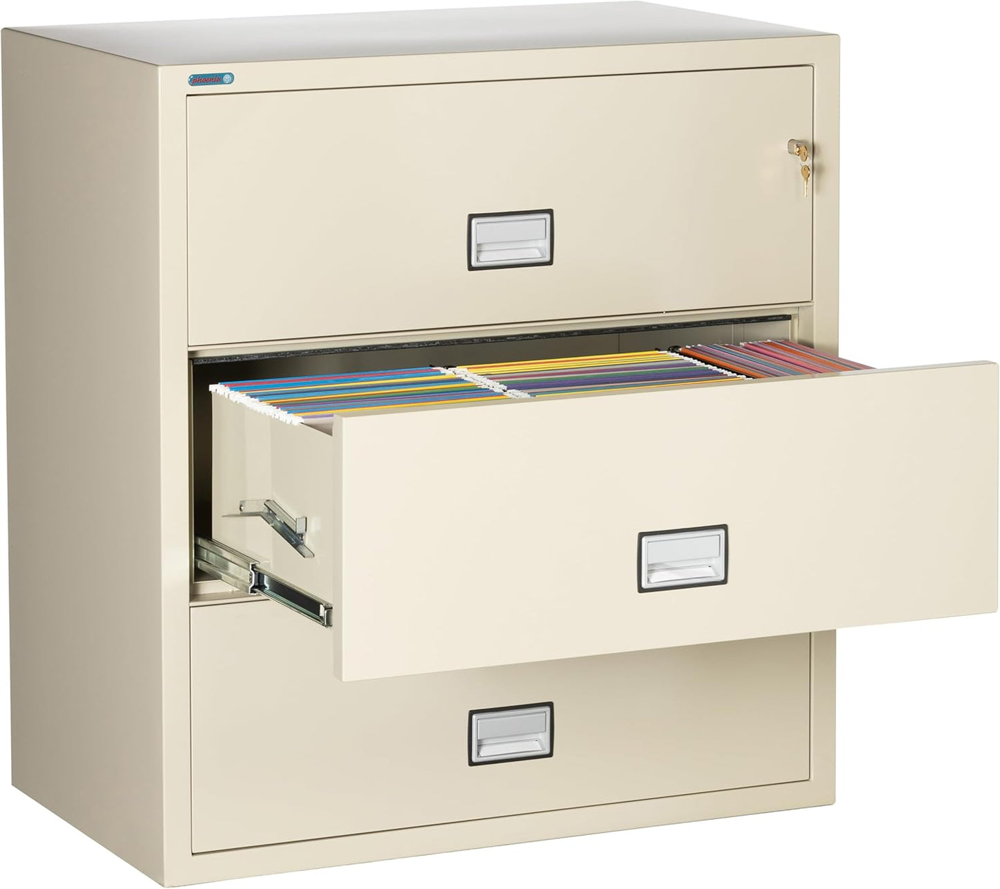 38 inch Wide 3-Drawer Lateral Fireproof File Cabinet – Legal and Letter Size Filing – Key Lock – Water Resistant – Fire Safe and Impact Rated – Putty Finish – Model LAT3W38P