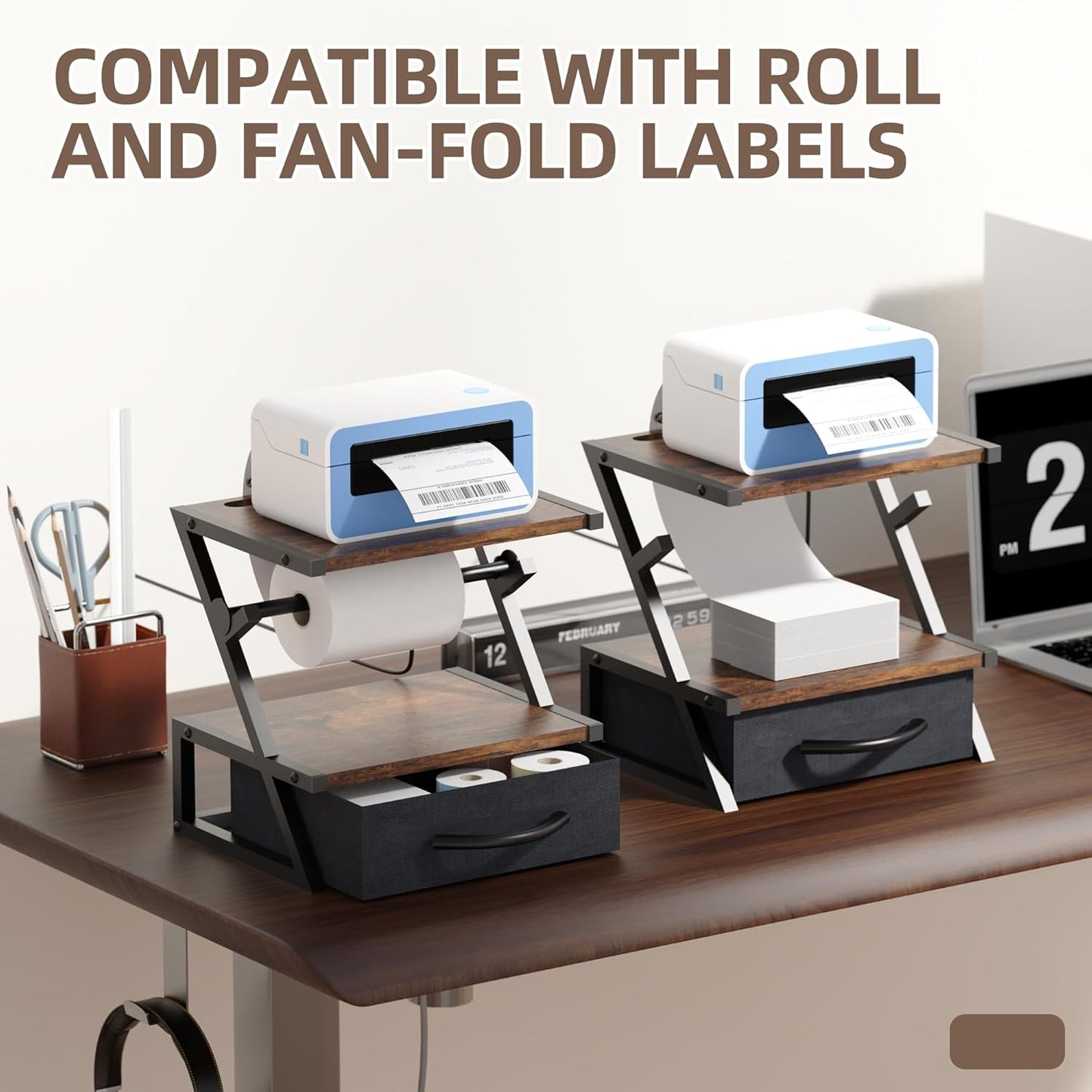 Label Holder for Rolls and Fan-Fold Labels, Shipping Thermal Label Holder with Drawer, Sticker Roll Holder for Desktop Thermal Printer, Label Printer Accessory Supplies for Office, Home,Small Business