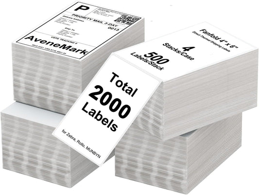 AveneMark 4 Stacks 2000 Labels 4" x 6" Fanfold Direct Thermal Labels, Postage Shipping Labels Paper with Perforated, Strong Adhesive Label for Zebra, Rollo, MUNBYN Thermal Printer,500 Labels per Stack