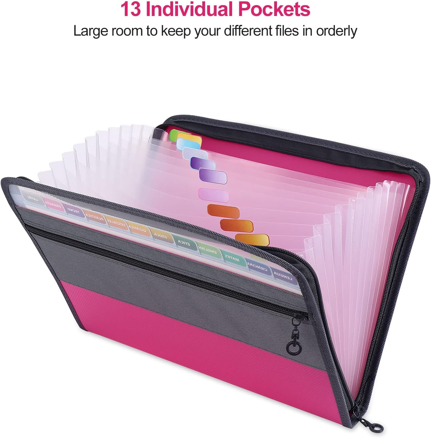 MEGREZ A4 Paper File Folder with 13 Pockets, Accordion File Folder with Zipper File Folder Organizer for Office, Waterproof Expanding File Folder with Tabs, Pink & Blue(2 Packs)