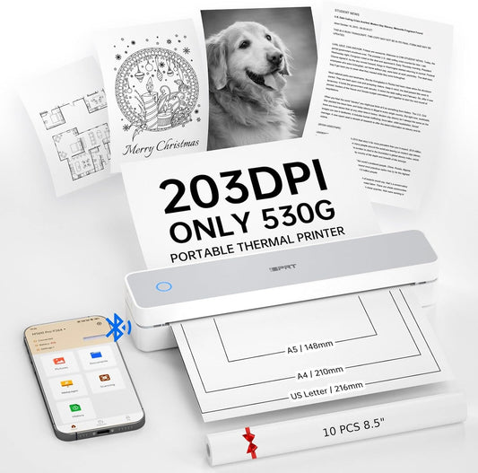 iDPRT Portable Thermal Printer,203DPI Wireless Bluetooth Small Printers for Travel,Office,Vehicles,Support 8.5" x 11" US Letter&A4 A5 Size, Compatible with Smartphone & Laptop