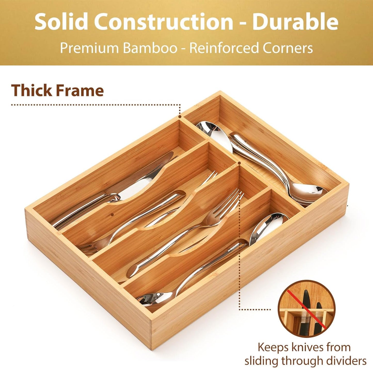 Umilife Bamboo Kitchen Drawer Organizer, 11 Inch Silverware Utensils Tray Holder with Grooved Dividers, 2.4" High Wood Caddy for Flatware Cutlery Knives