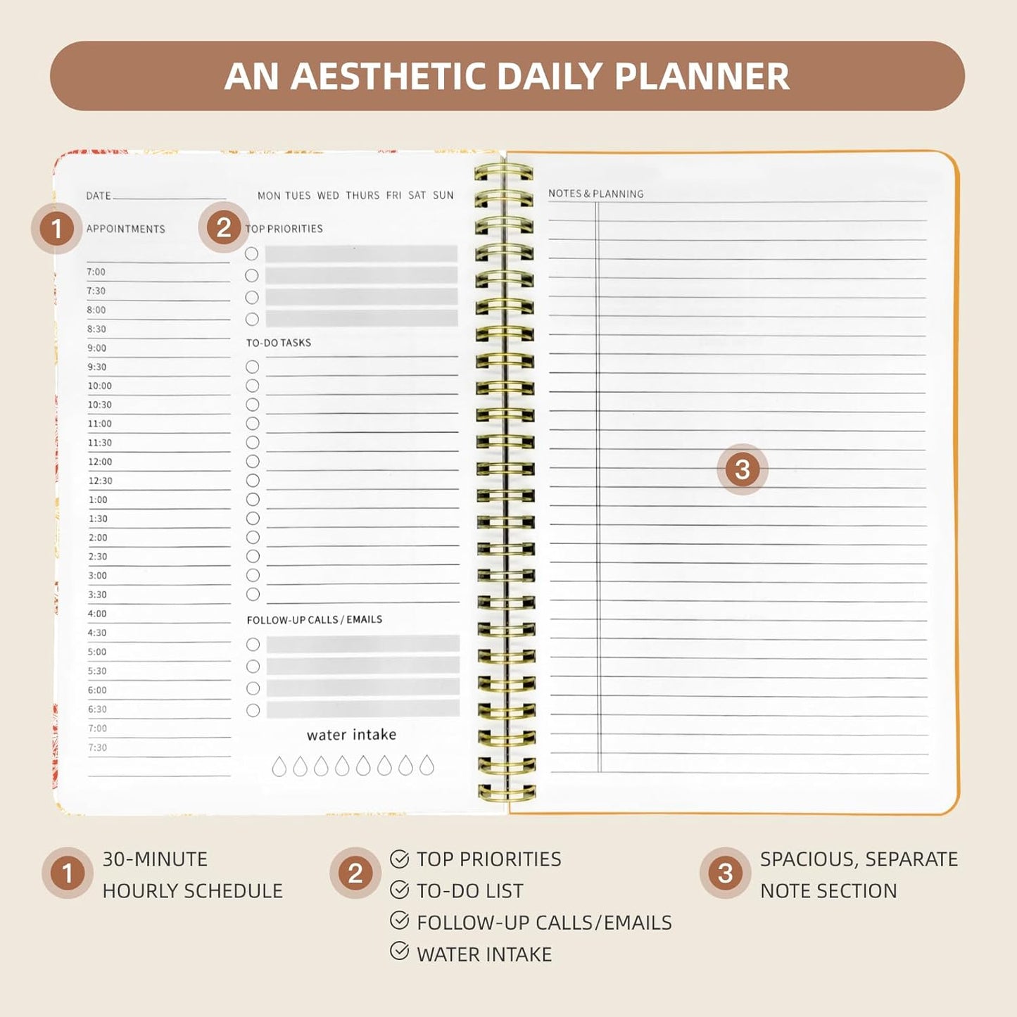 Undated Daily Planner - Spiral Notebook 80 Days One Day Per Page, Hourly Schedule, To-Do List, Notes, Everyday Planning Task, A5 Hardcover Journal Organizer Book Women Cute Aesthetic, Fall