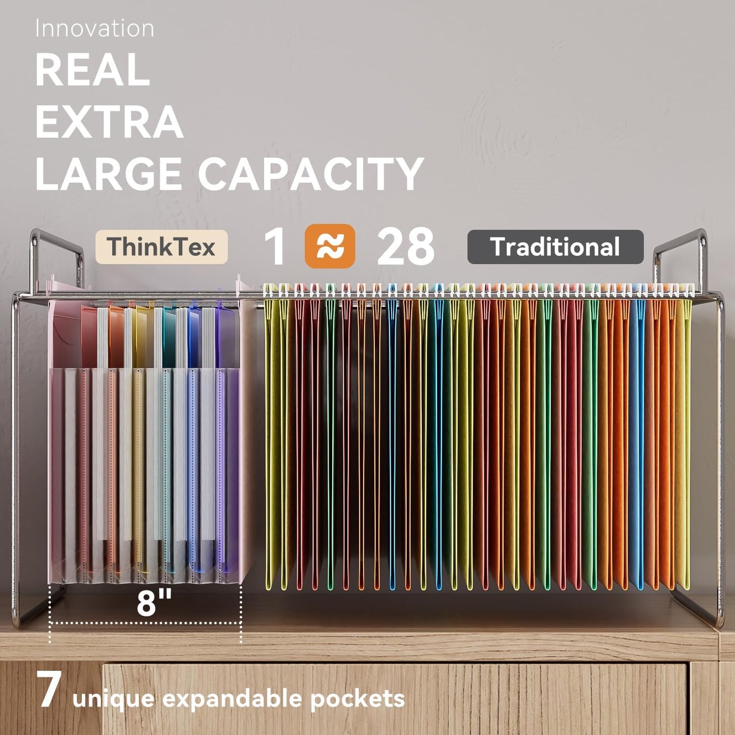 ThinkTex Plastic Expanding Hanging File Folders, 7 Innovative 1.2" Accordion Pockets, Large Capacity, Multi-Color Tabs, Letter Size for Filing Cabinet - Purple