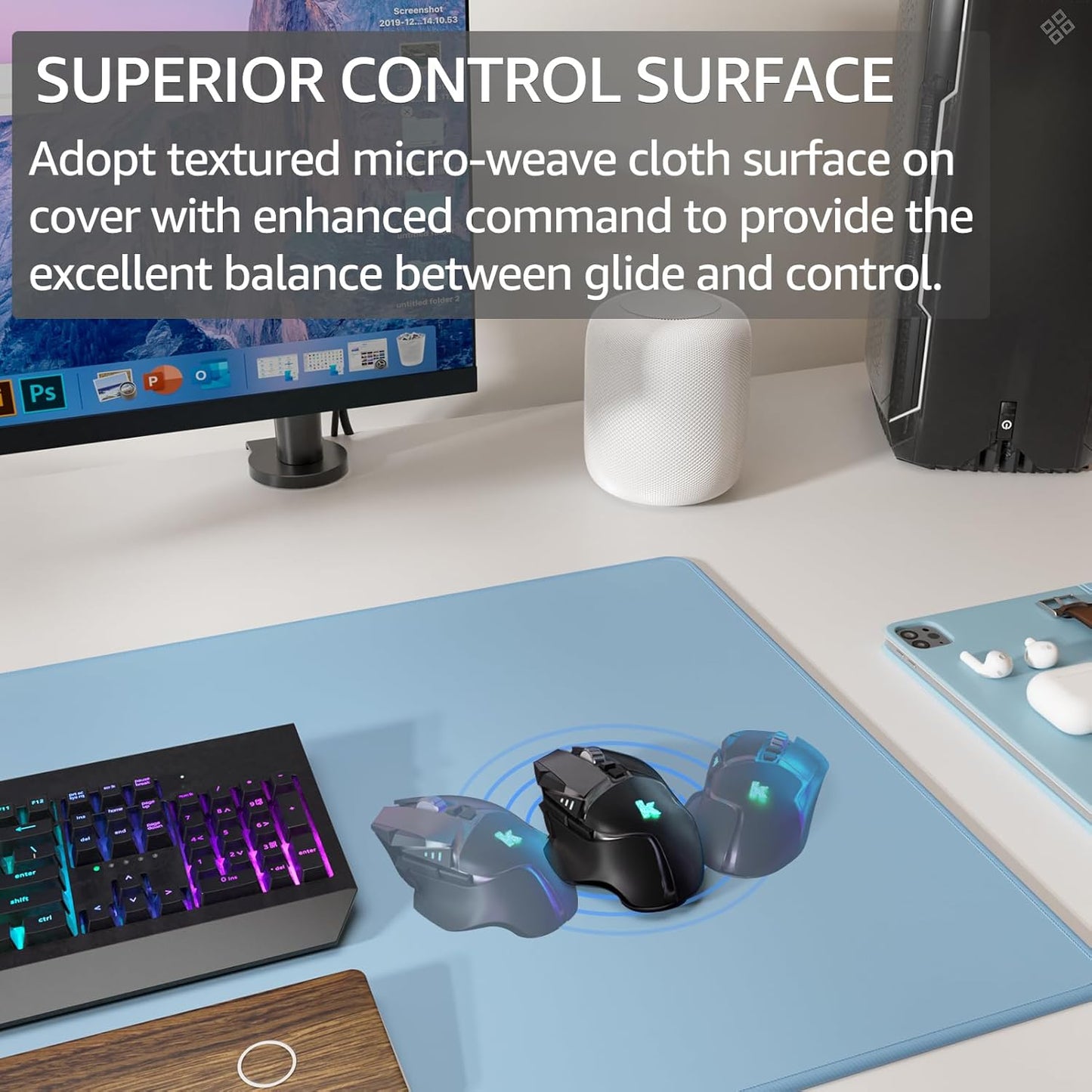 KTRIO Large Gaming Mouse Pad with Stitched Edges, Extended Mousepad with Superior Micro-Weave Cloth, Non-Slip Base, Water Resist Keyboard Pad for Gamer, Office & Home, 31.5x15.7in, Ice Blue