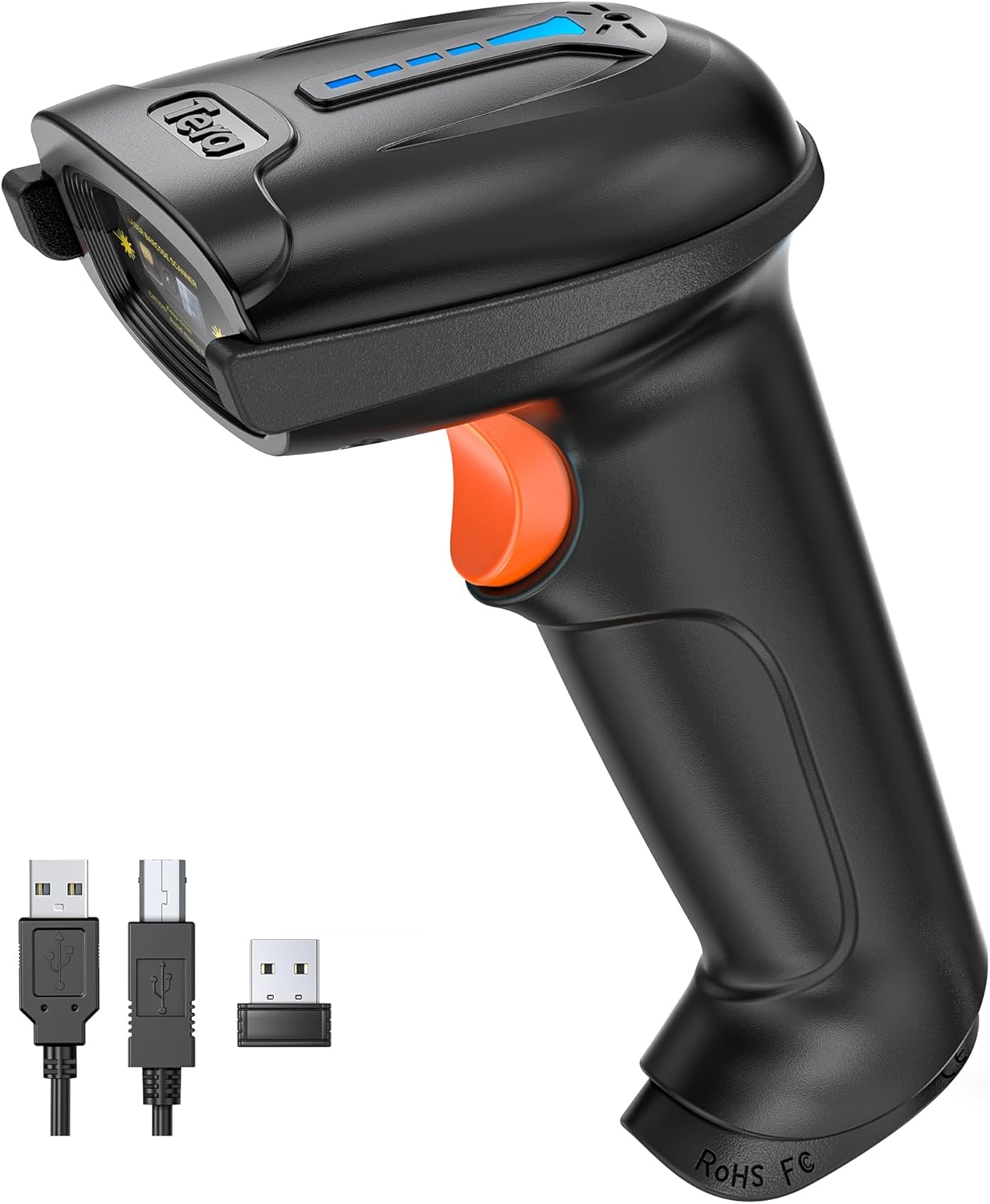 Tera Barcode Scanner Wireless Versatile 2-in-1 (2.4Ghz Wireless+USB 2.0 Wired) with Battery Level Indicator, 328 Feet Transmission Distance Rechargeable 1D Laser Bar Code Reader USB Handheld (Black)