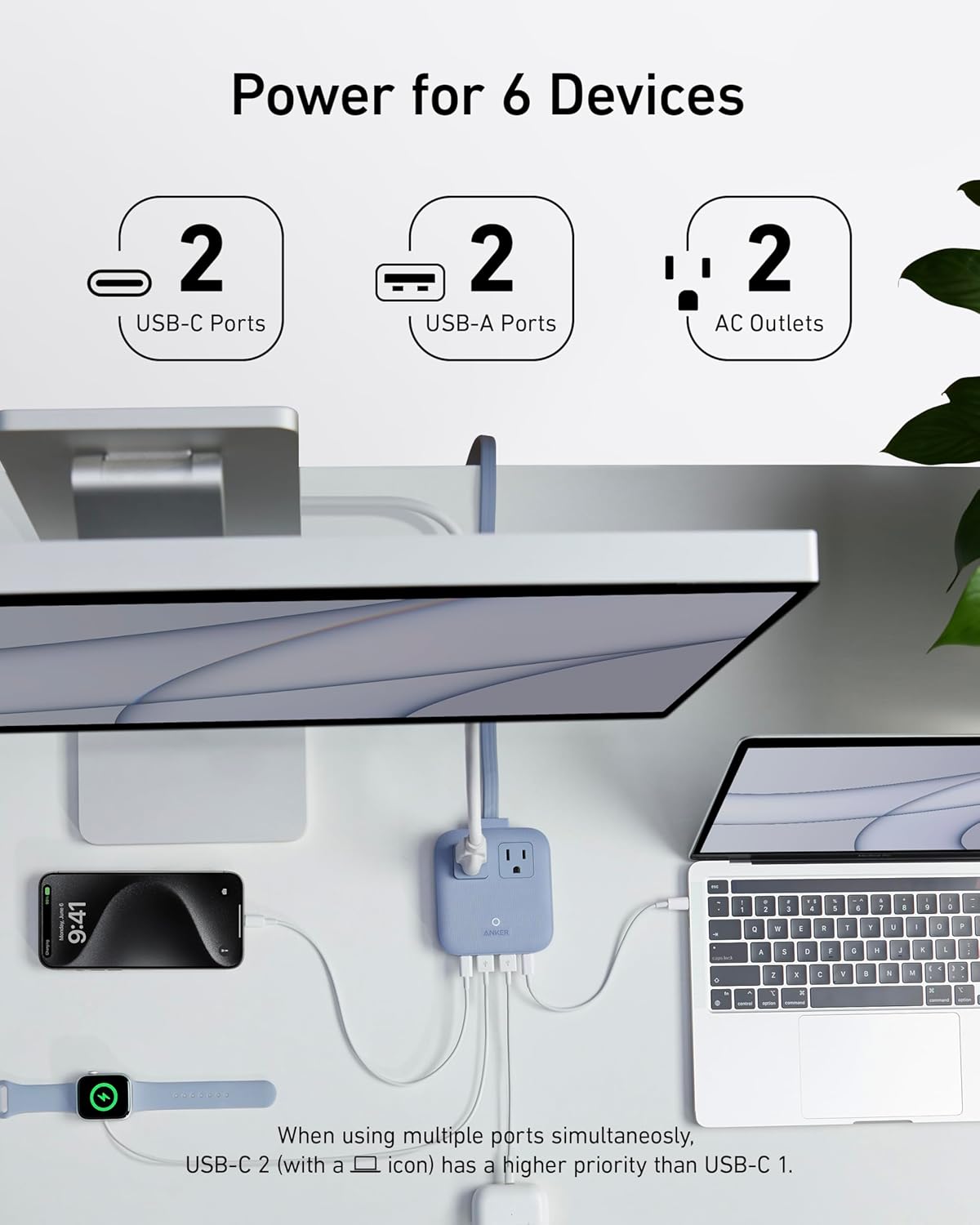 Anker Nano Charging Station(67W Max), 6-in-1 Power Strip for iPhone 16/15, MacBook, with Flat Plug and 5ft Thin Undetachable Extension Cord,2 AC&2 USB A&2 USB-C, for Home&Office