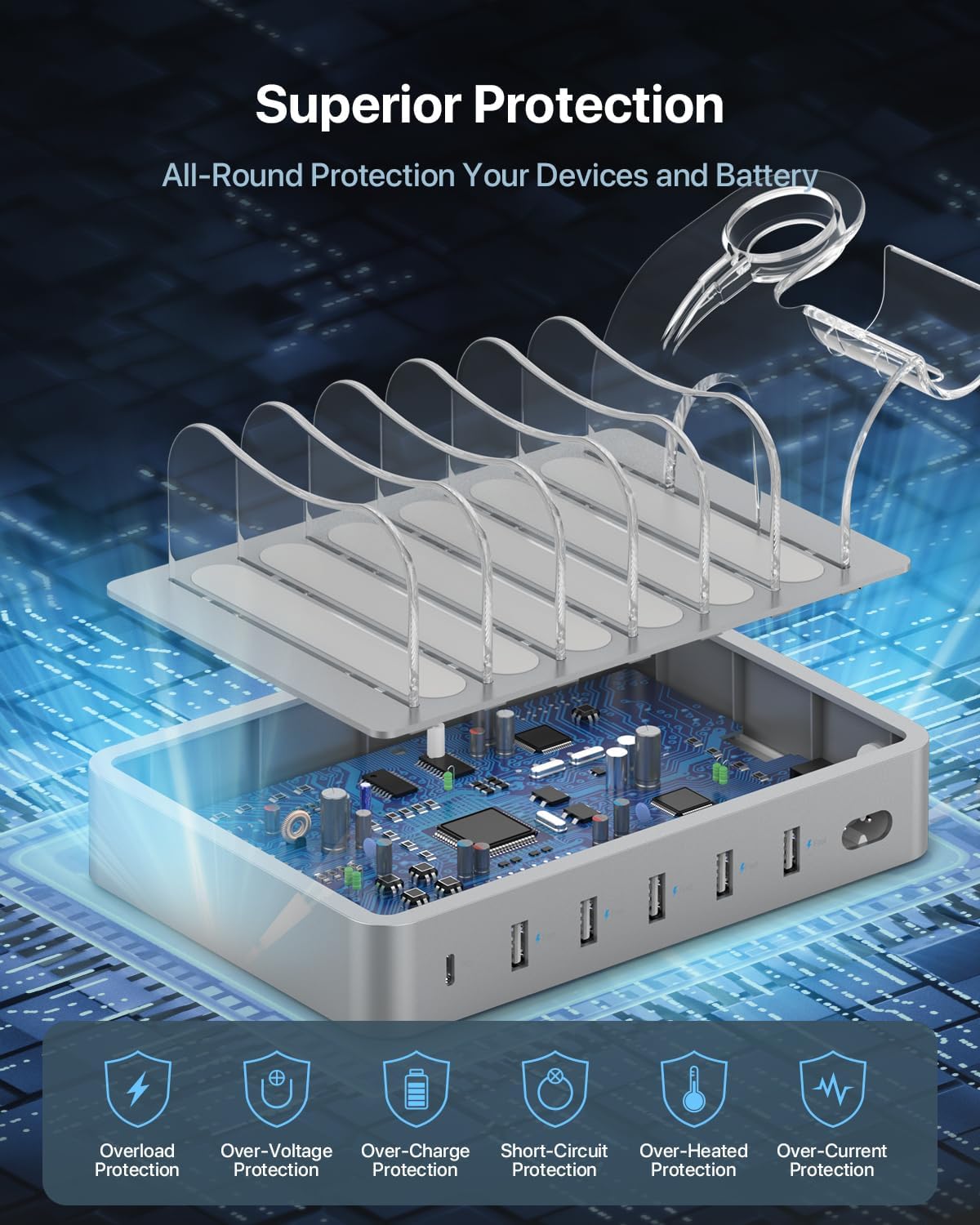 SooPii 60W 6-Port PD Charging Station for Multiple Devices, 20W PD USB C Fast Charging for lPhone 14/13/12,6 Short Cables Included, 2 in 1 Holder,for Phones,Tablets and Others