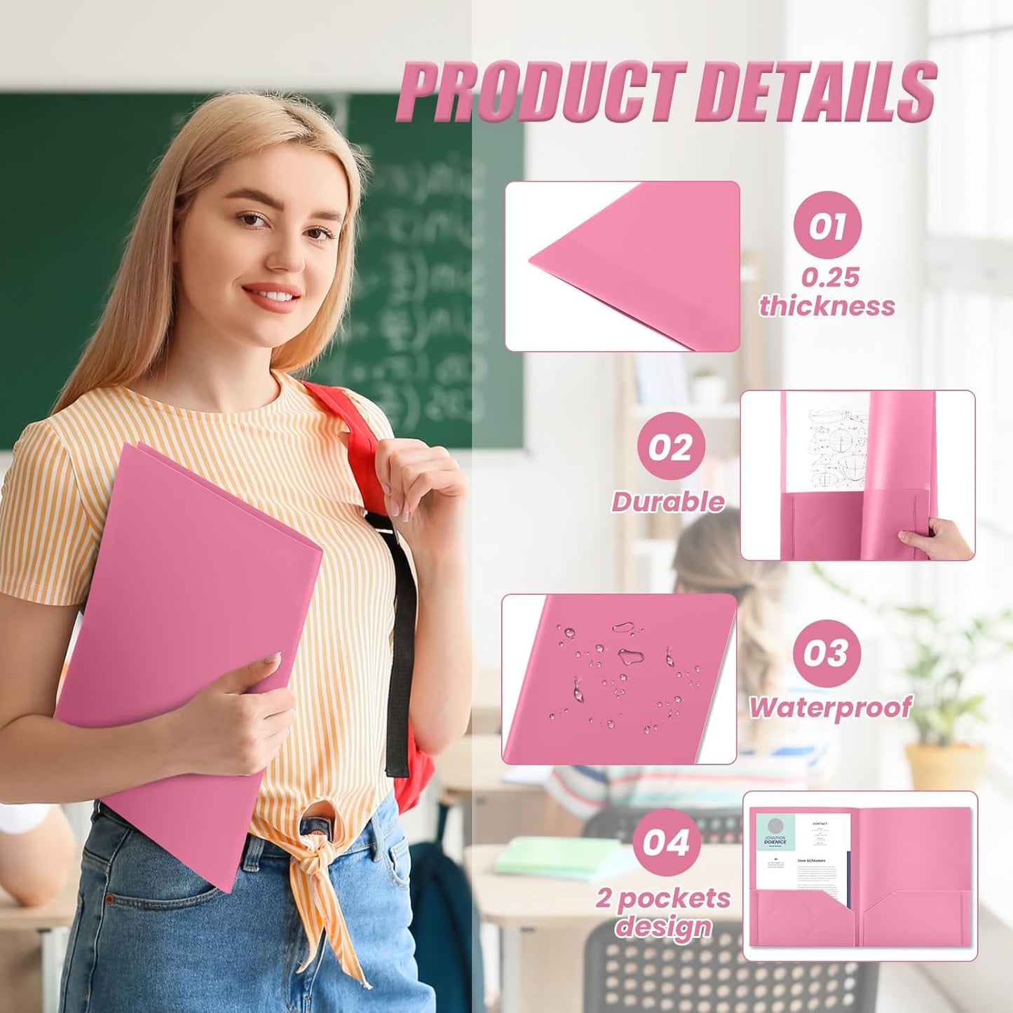 Gueevin 24 Pcs Plastic Folders with Pockets, Back to School Two Pocket Folder Fit Letter Size, Heavy Duty School Business Card Holder for Home Office, 11. 61 x 9. 45 Inches (Pink)