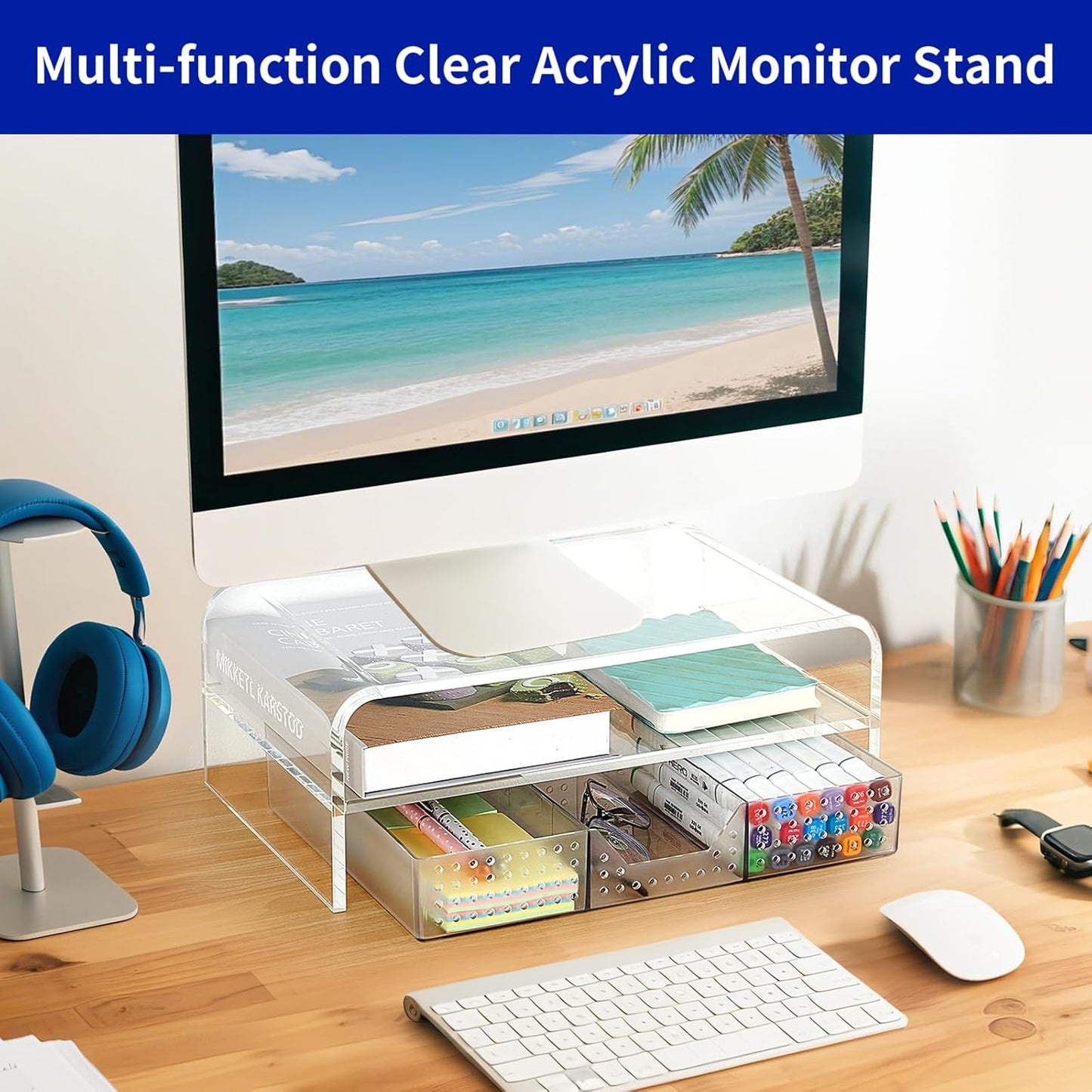 Acrylic Clear Desk Organizers and Accessories, 2-Tier Computer Monitor Stand Riser with Drawer, Laptop Stand, Office Desk Accessories for Office Supplies, Transparent