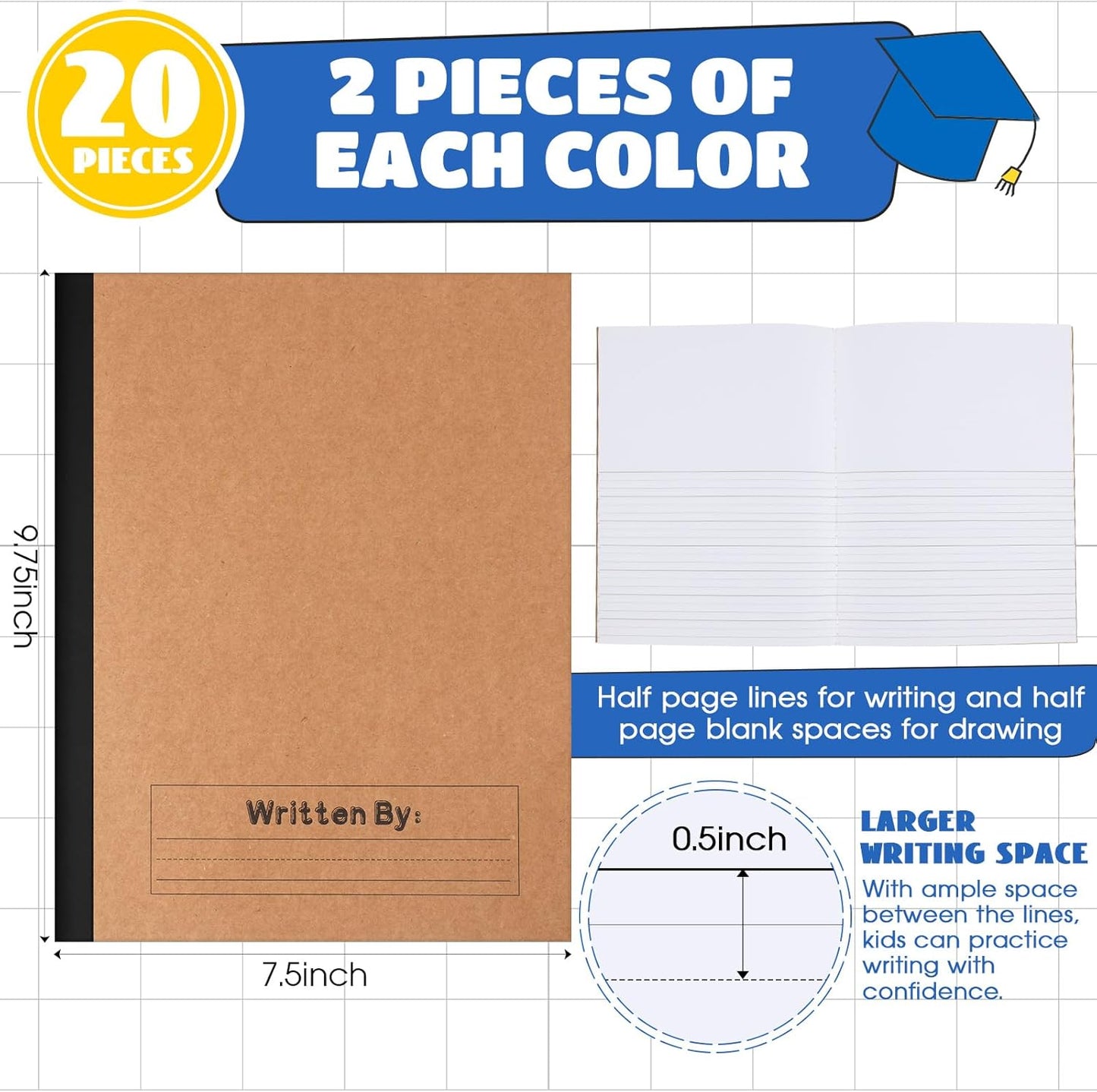 Henoyso 20 Pcs Primary Composition Notebook 9 3/4 x 7 1/2 Inch Kids Journal, Back to School Supplies, K-2 Primary Writing Notebook for Kids Student Draw and Write Story Journal (Black Color)