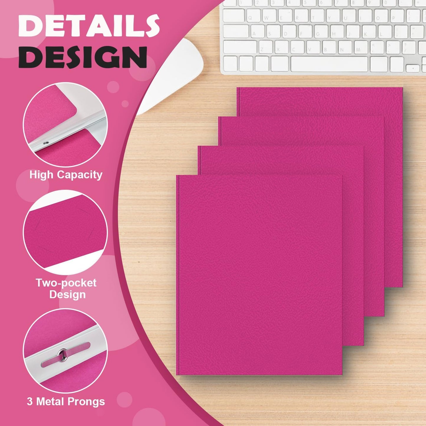 50 Pack Two Pocket Folders Business Card Holder Paper Folders with Prongs for School Office Filing Cabinet Resume Portfolio (Pink)