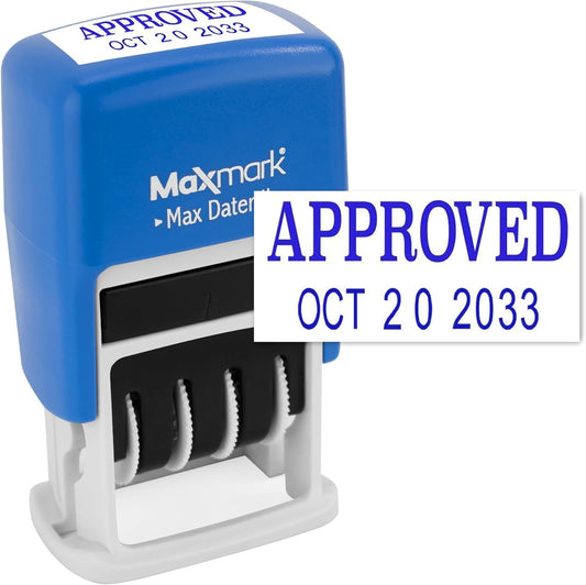 MaxMark Self-Inking Rubber Date Office Stamp with Approved Phrase & Date - Blue Ink (Max Dater II), 12-Year Band