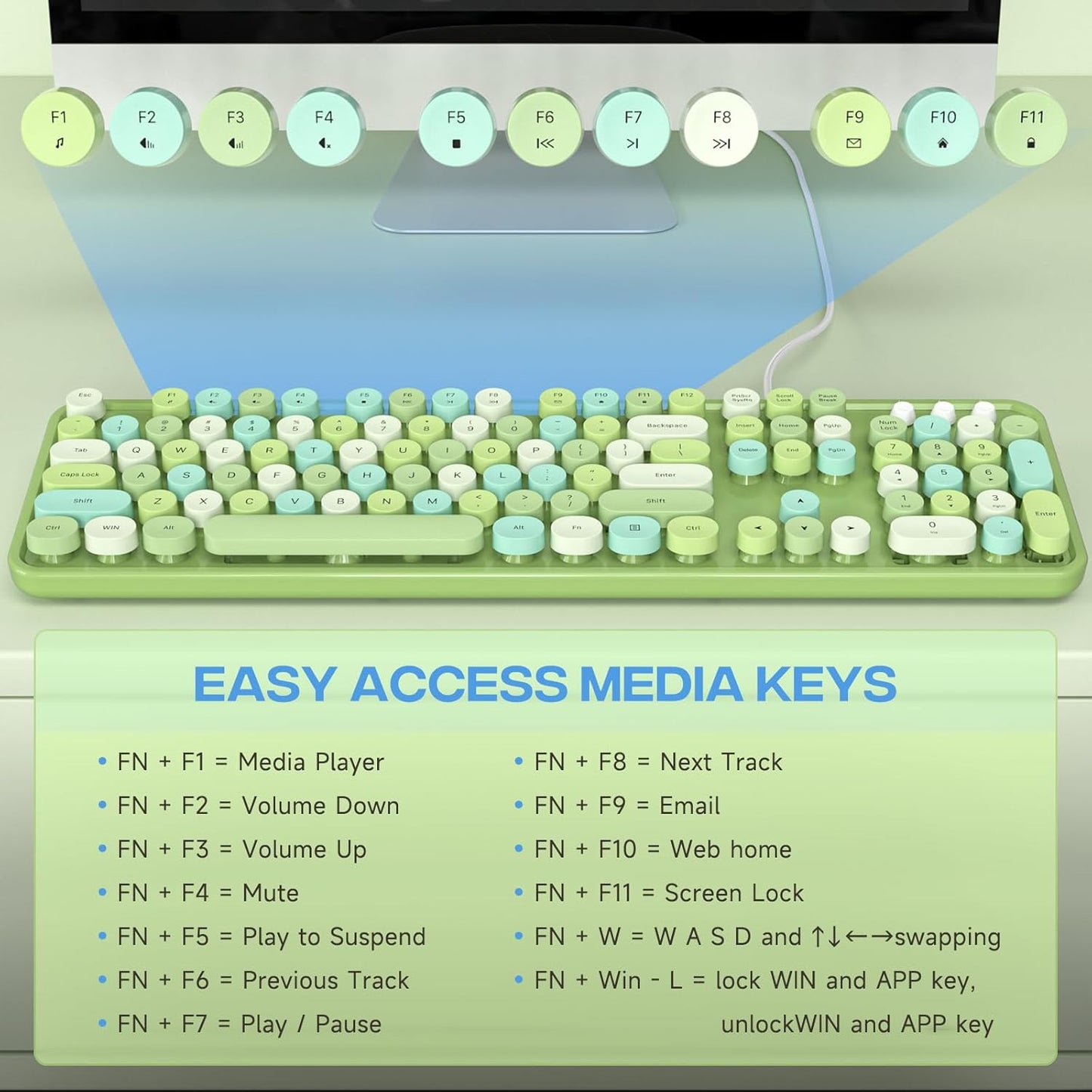Computer Keyboard Wired, Typewriter Style, Plug Play USB Keyboard with Large Number Pad, Caps Indicators, Foldable Stands, Full Size Wired Keyboard for Windows PC Laptop (Green Colorful)