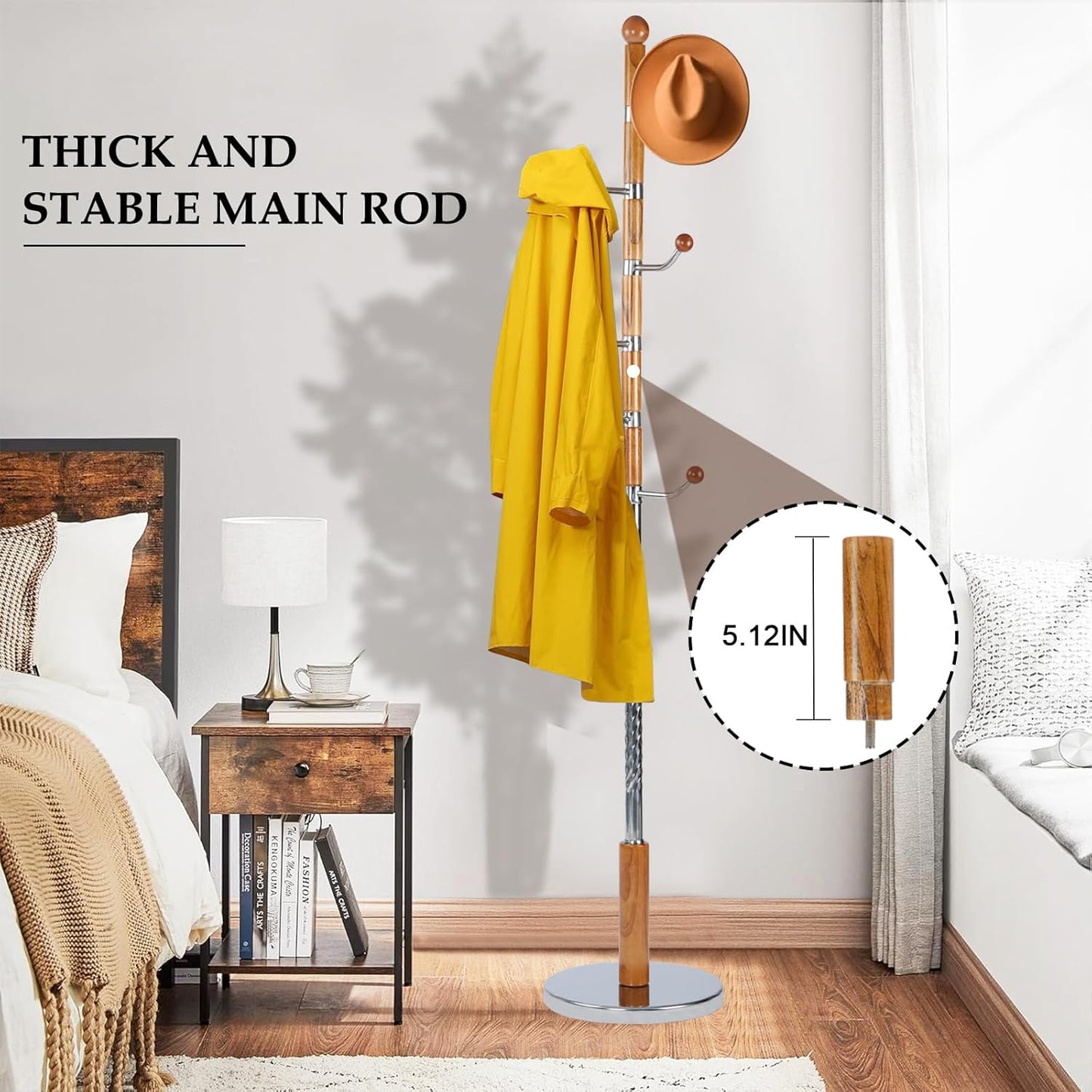 Wood Coat Rack Freestanding, Natural Coats Tree Stand with 14 Hooks, 73" Sturdy and Easy Assembly Coat Rack Stand for Entryway, Hallway, Bedroom, Bags, Hats (Metal Disc Base, Swivel Hook)