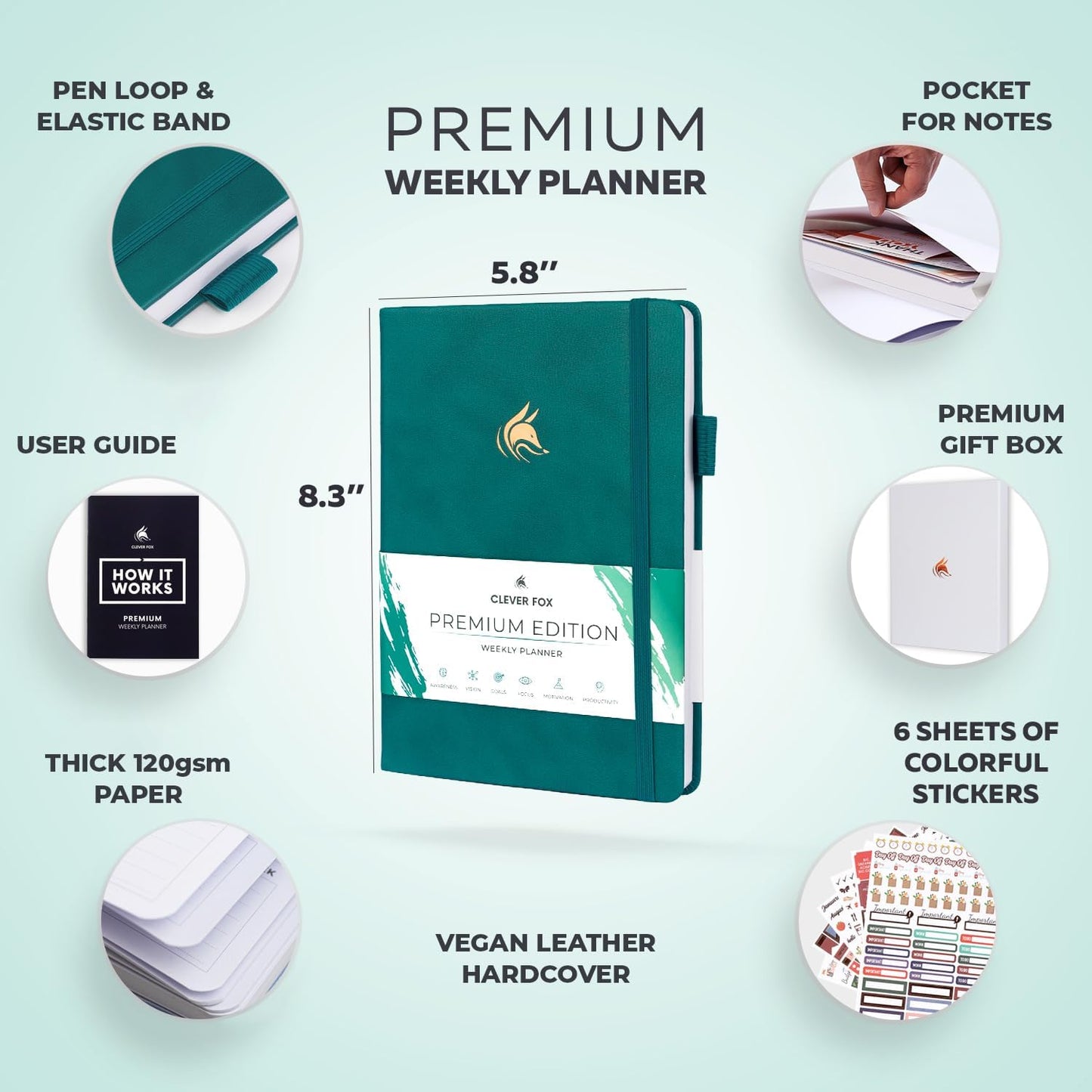 Clever Fox Planner Premium Edition – Undated Luxurious Weekly & Monthly Planner to Increase Productivity and Hit Your Goals – Organizer – Start Anytime, A5, Lasts 1 Year, Dark Teal (Weekly)