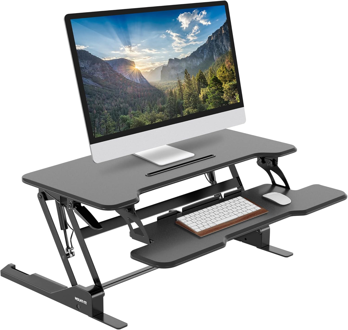 Mount-It! Height Adjustable Standing Desk Converter, 38” Wide, Stand Up Desk Riser for 2 Monitors, Manual Gas Spring Desktop Raises to 16.9", Fits Two Monitor Screens with Keyboard Mouse Tray in Black
