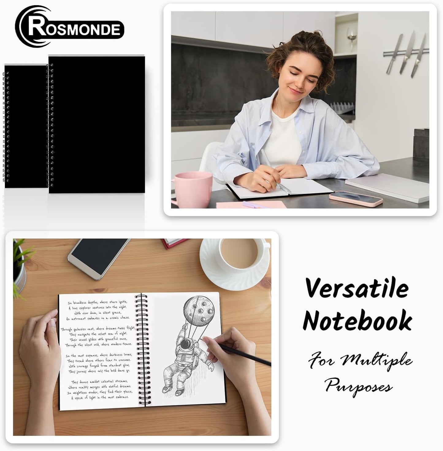 Bulk Spiral Notebook, 48 Pack, Unlined Journal, 5.8 x 8.3, 120 Pages (60 Sheets), 100 GSM Paper, No-Bleed, Black Cover Drawing Notebooks, Unlined Sketch Pad for Writing, Note Taking Travel