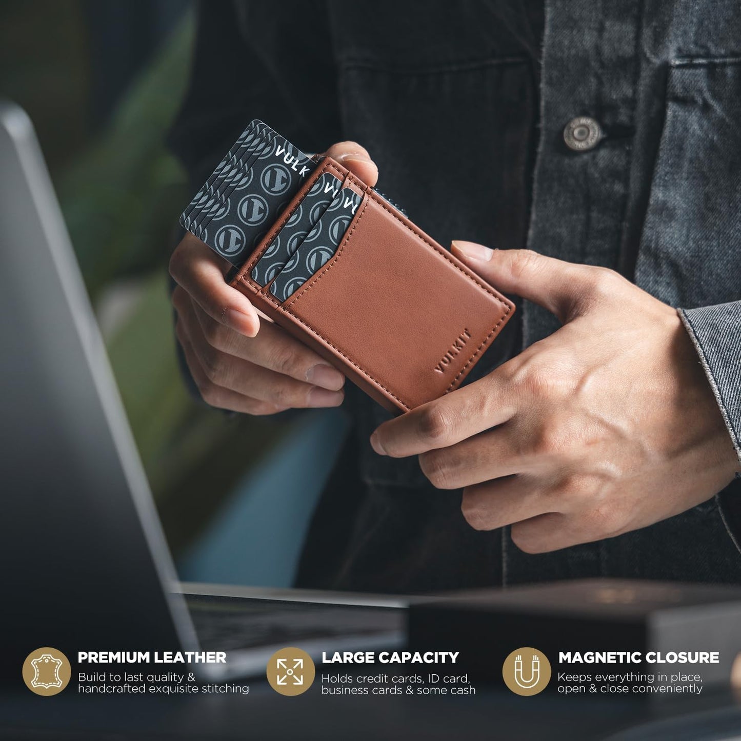 VULKIT Men's Wallet with ID Window Premium Leather Wallets RFID Blocking Minimalist Wallet Pop Up Card Holder Magnetic Closure