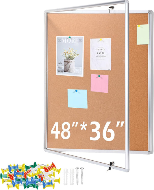 Cholemy Enclosed Bulletin Lockable Cork Case Notice Board 48 x 36 Inch Weatherproof Bulletin Board with Aluminum Frame Mounting Screws Outdoor for School Office Wall Display Pictures(Silver)