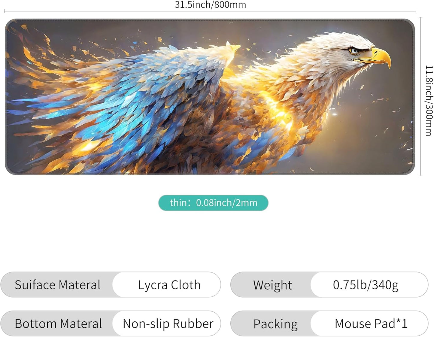 Dynippy Thin Extended Gaming Mouse Pad （31.5 * 11.8 * 0.08 inch） with Stitched Edges Large Mousepad Long XXL Keyboard and Mouse pad Desk Mat for Gaming Office & Home - Golden Eagle Soars