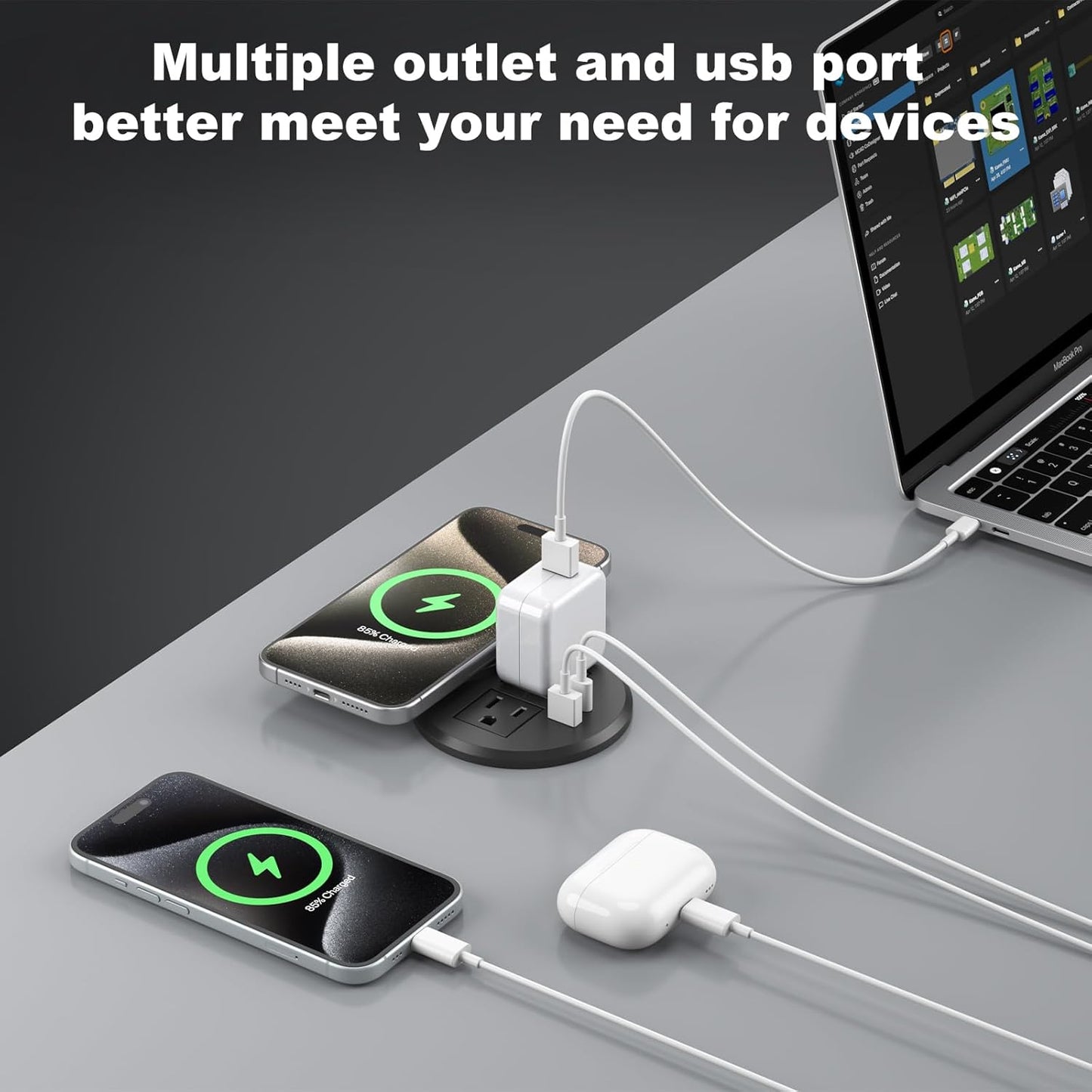 3 Inch Desk Power Grommet with 15W Wireless Charger, 20W USB-C Fast Charging Countertop Grommet Recessed Mount Power Outlet, with AC Outlets and 6ft Extension Cord