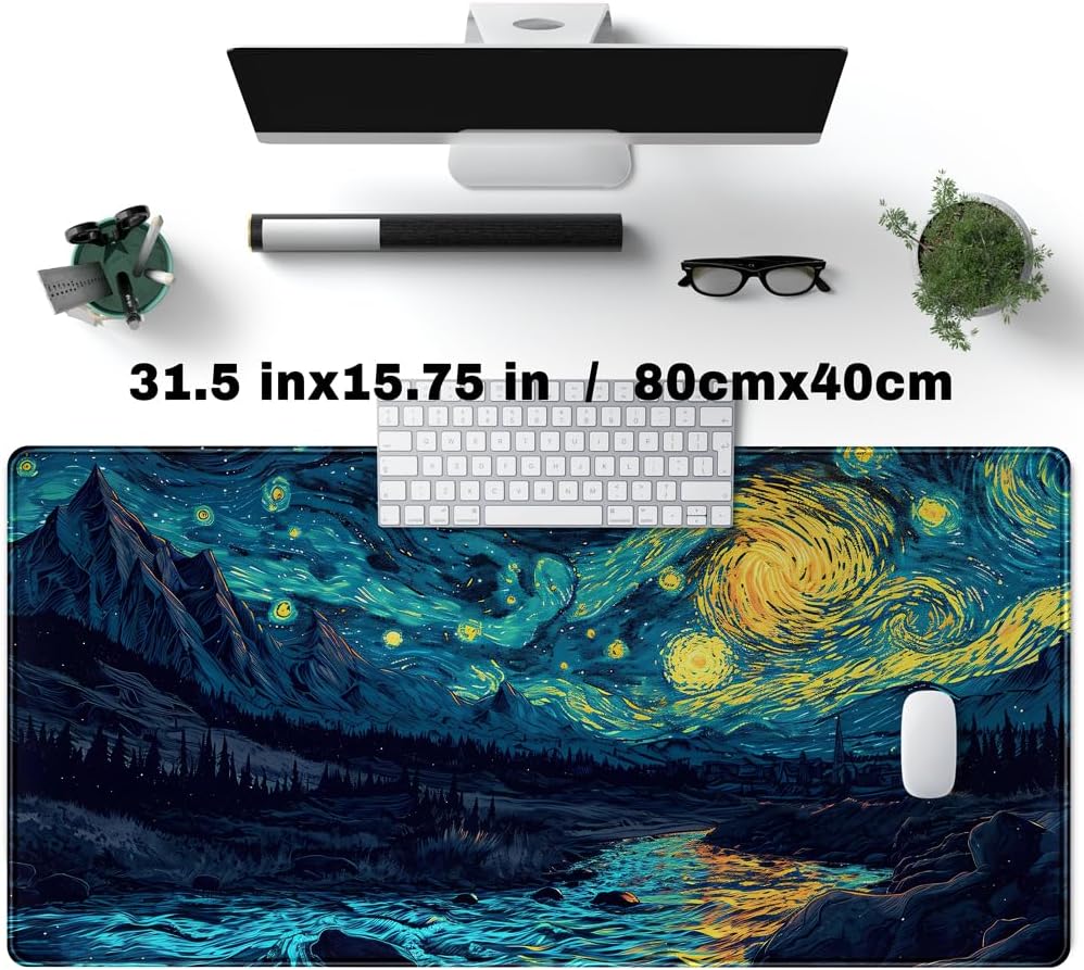 Misty Forest Desk Pad Mat Vincent Van Gogh XL Mouse Pad Gaming Playmat Large Mousepad XXL Desk Laptop Pad Equipped with Waterproof Storage Bag Non-Slip Stitched Edges (31.5x15.7 in)