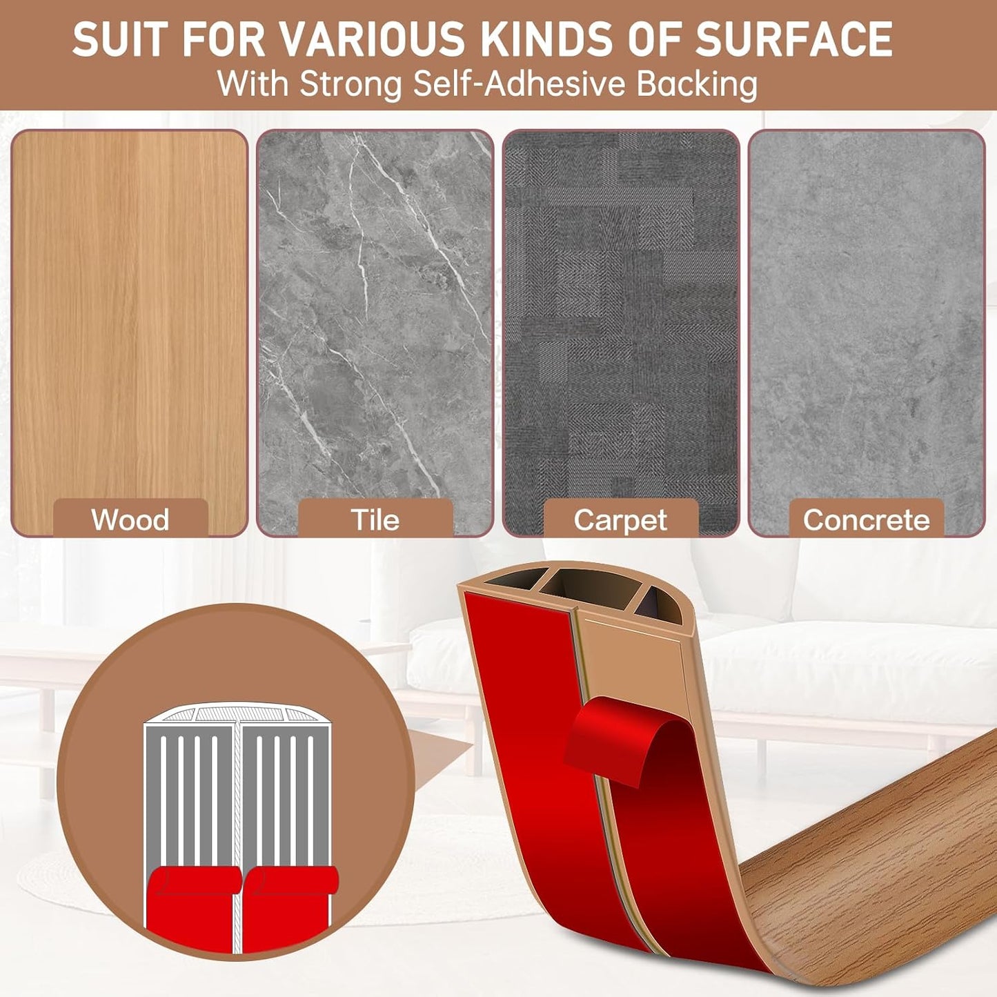 Floor Cord Cover Self Adhesive Cord Hider Floor Extension Cord Covers for Floor Power Cord Protector Cable Management Prevent Cable Trips Cable Cavity 0.59" W x 0.31" H (Light Brown Wood, 10Ft)