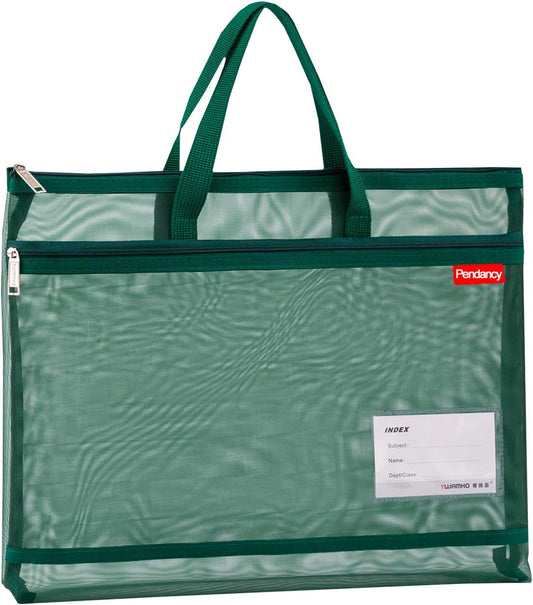 Pendancy Mesh Zipper Pouch A4 Size, Large Double Pocket Lightweight Nylon Transparent File Bag with Handle, 11x13.8 in Foldable Document Storage for Puzzle Project/Cross Stitch/Travel/Office (Green)