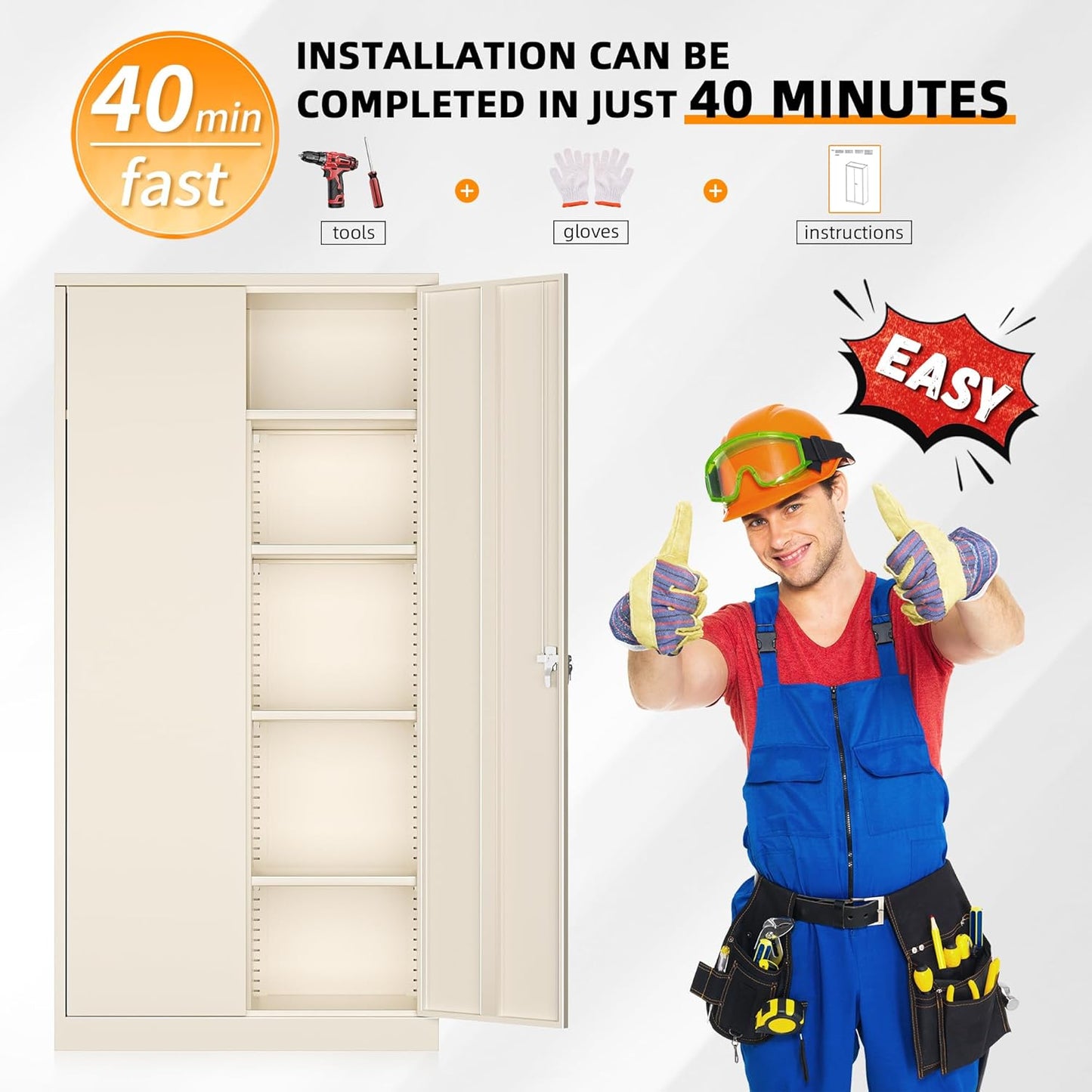 INTERGREAT Metal Storage Cabinet with Lock,72 Tall Armoire Wardrobe Closet with Doors,Cream Grey Storage Closet Cabinet with Adjustable Shelves and Removable Hanging Rods