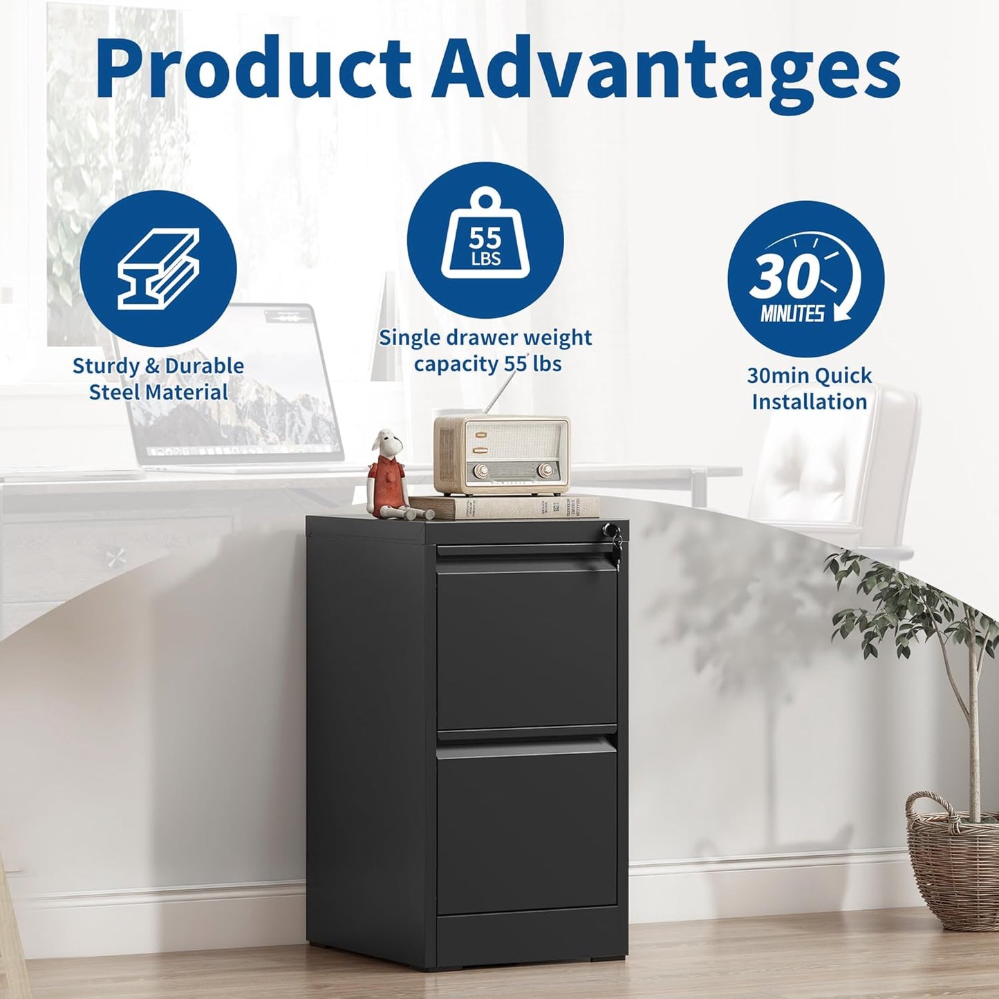 2-Drawer Locking Vertical File Cabinet, Metal Storage Cabinet for Office/Home – Secure Vertical Filing for Letter/Legal/A4/F4 Documents, Easy to Assemble Steel Cabinet, Black (Black, 2 Drawer-28 H)