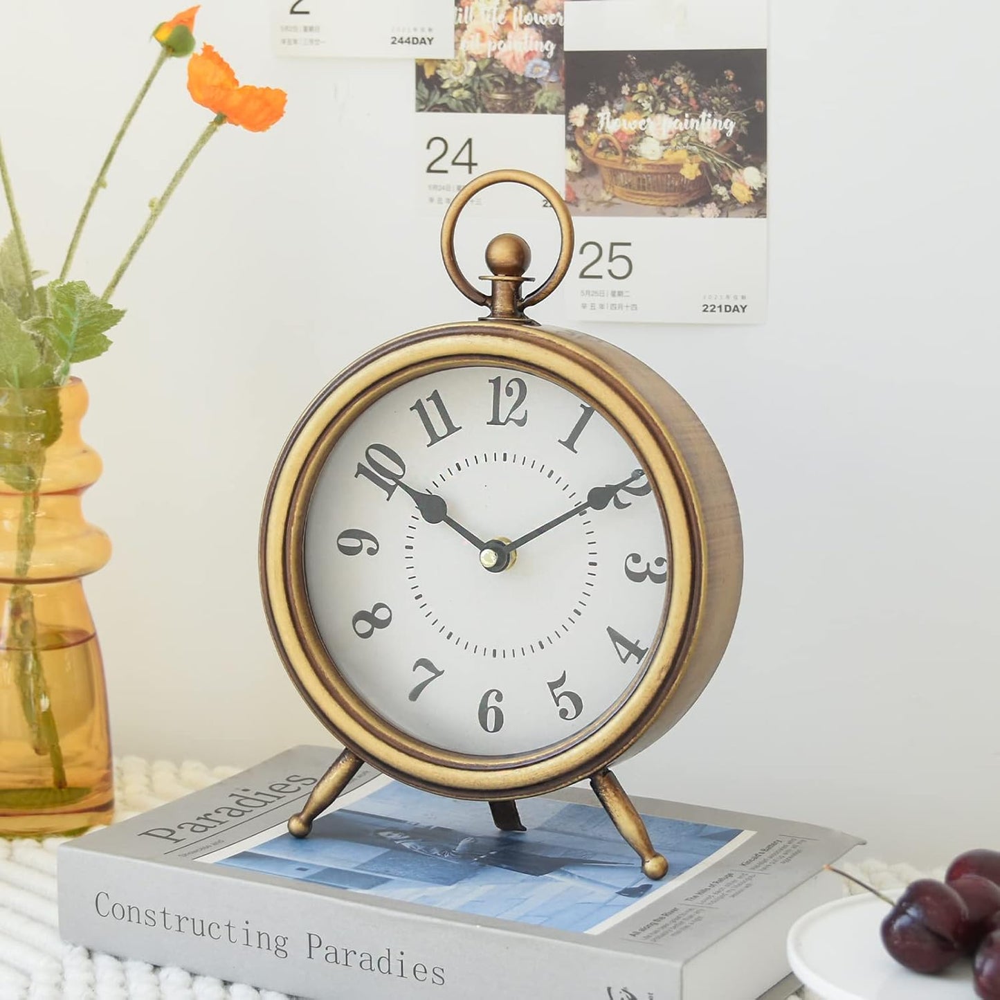 Antique Gold Finish Mantel Clock – Vintage Gold Table Clock on Stand, Decorative Desk and Shelf Clock, Rustic Mantel Clock Non-Ticking 10.3 * 7.3 inch
