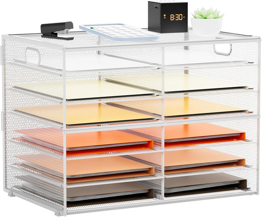 Marbrasse 7 Tier Desktop Literature Organizer, Mesh Paper Organizer Desk Organizers, File Sorter Mail Center Paper Storage Cabinet Classroom Keepers Mailbox for Office Home School, White