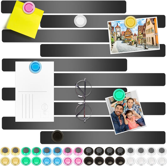 Wukong 10 Pack | 30x3cm(11.81 x 1.18) Magnetic Stainless Black Boards Strips, Adhesive Backing Bulletin Bar Board, Memo Board with 32Pcs Colorful Magnets for Office, Home, Photo Wall, Documents