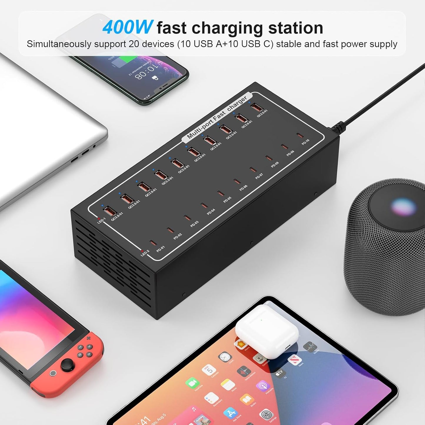 Lcoco&Dream 400W Super Charging Station, 20 Port Fast Charging（10USB C+10USB A） Desktop Charging Station,simultaneously Charges Mobile Phones, Tablets, Headphones and Other Devices at high speeds