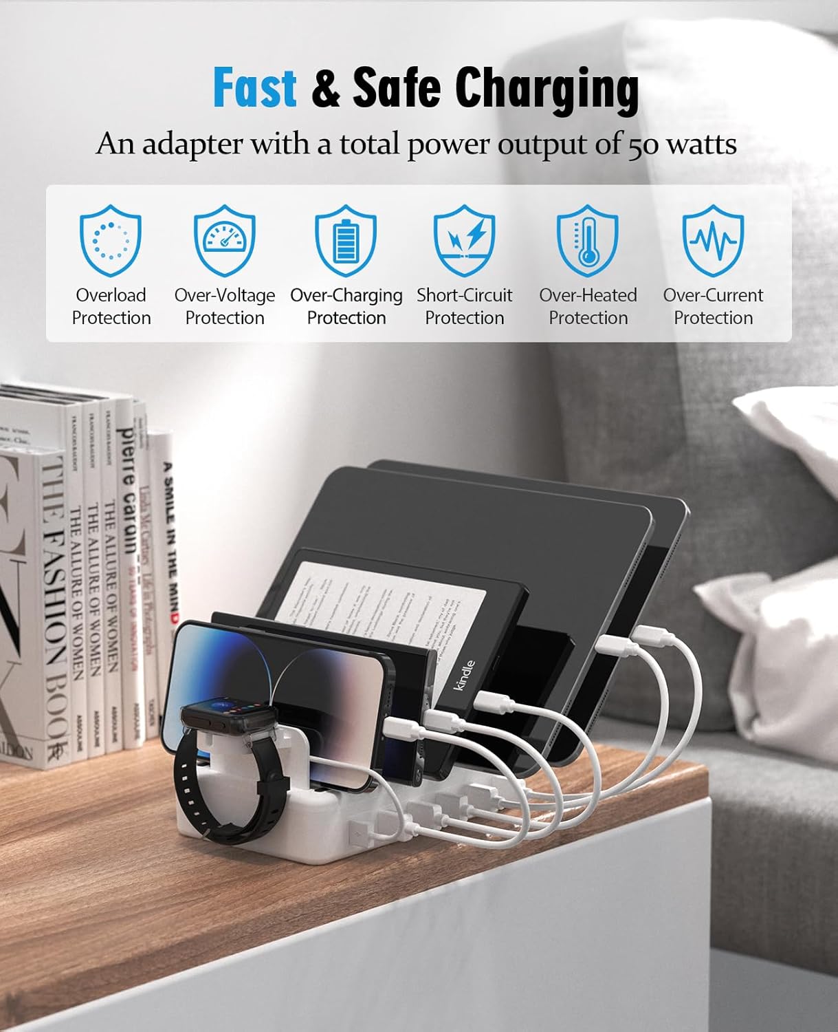 Charging Station Multiple Charger Station - 2025 New 6-Port USB Fast Charging Dock 50W Organizer Station with Watch Charger for iPhone|Android Cell Phone|iPad|Kindle|Watch|Tablet