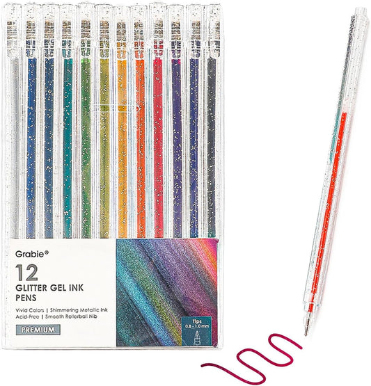 glitter gel pens,12 Colors Gel Pens for Coloring,Metallic Vibrant Sparkle Colorful Pen,Fine Tip Markers Colored Neon Gel Pens for Adult Coloring Books, Sparkle Pen, Gelly Roll Pens