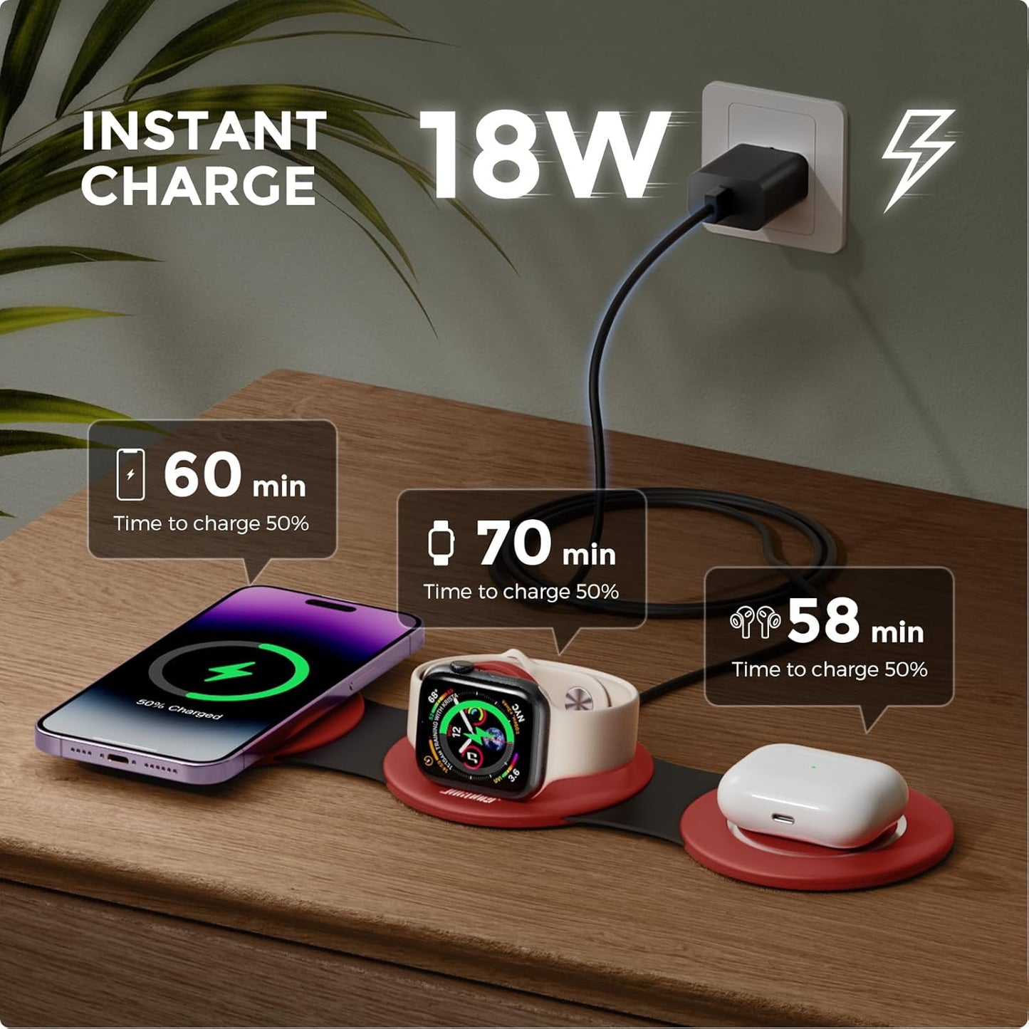 Hicober 3 in 1 Wireless Charging Station for Apple Watch and iPhone 16 15 14 13 12 Pro/Max/Plus, 3 in 1 Magnetic Foldable Wireless Travel Charger Station Stand for Airpods iWatch All Series Dark Red