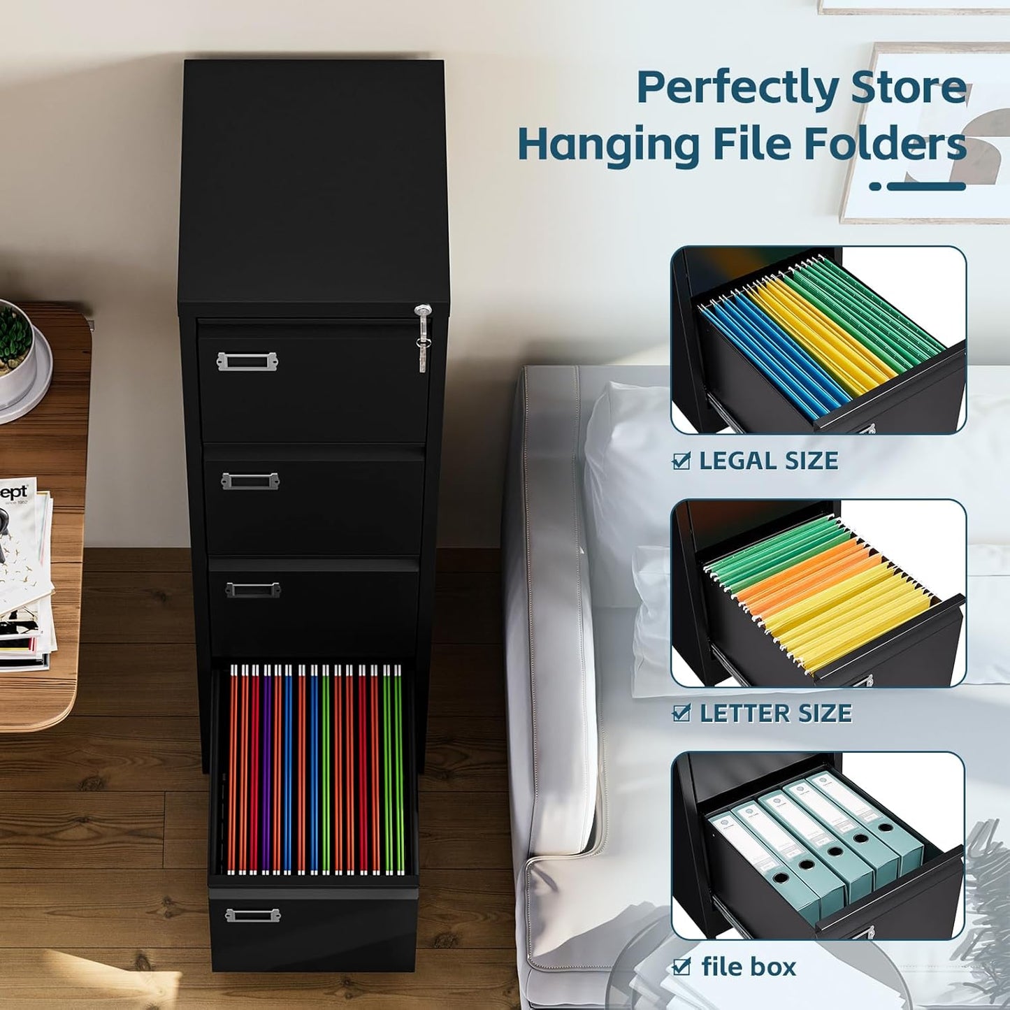 4 Drawer Filing Cabinets with Lock, Metal File Cabinet with 4 Drawers, Home Office File Folders Cabinet for Letter Legal A4 File Size