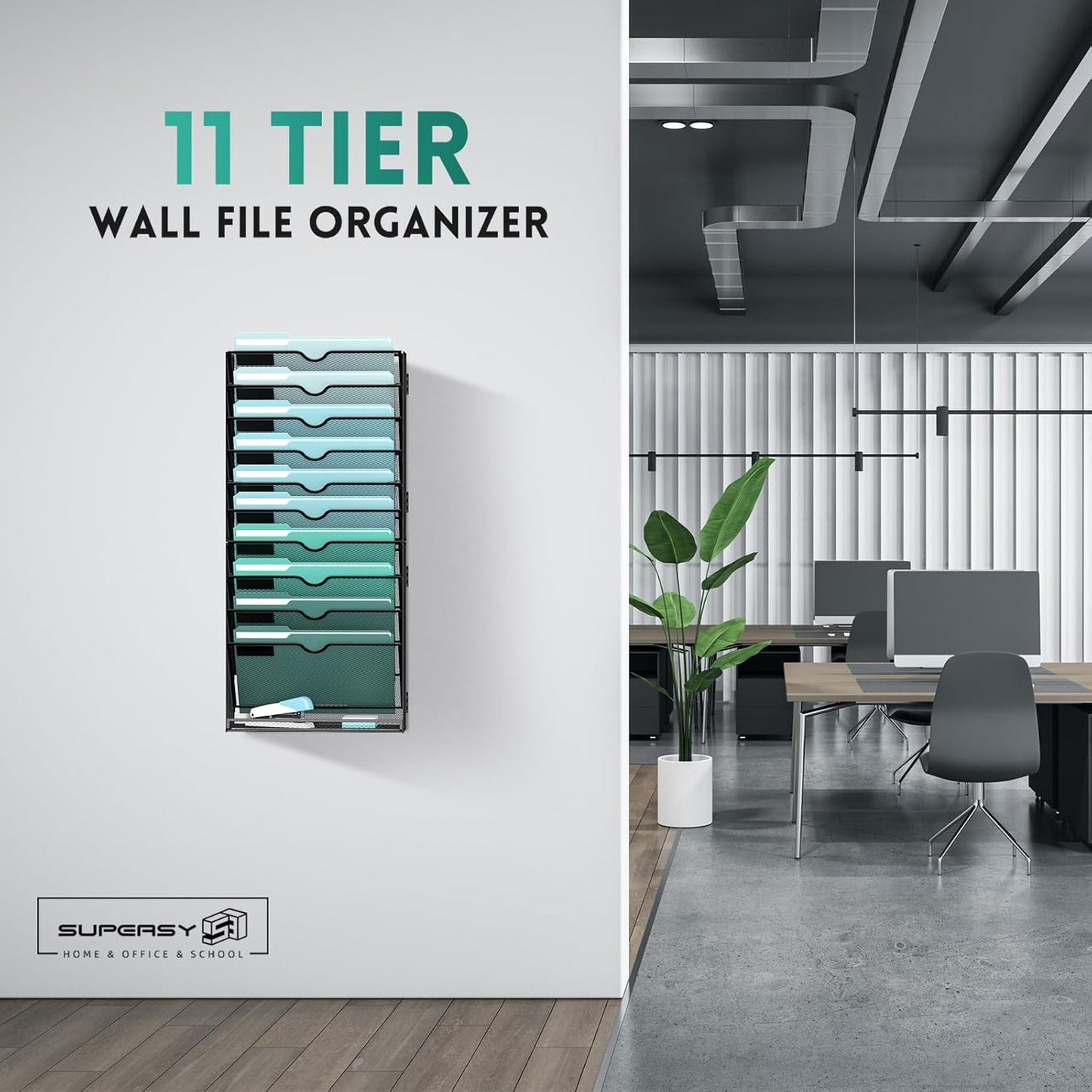 SUPEASY 11-Tier Wall File Organizer, Hanging Wall Files for Papers, Folders, Magazines, Wall Organizer for Clipboard, Assembly Needed, Black, 2 Pack