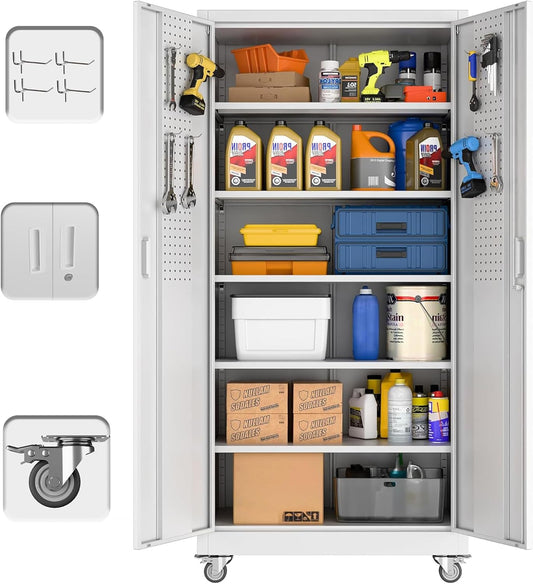 Aobabo Upgraded Garage Storage Cabinets with Wheels,Metal Storage Cabinets with 5 Adjustable Shelves for Garage Home Office Storage, White,71''H*32''W*16''D,Assembly Required