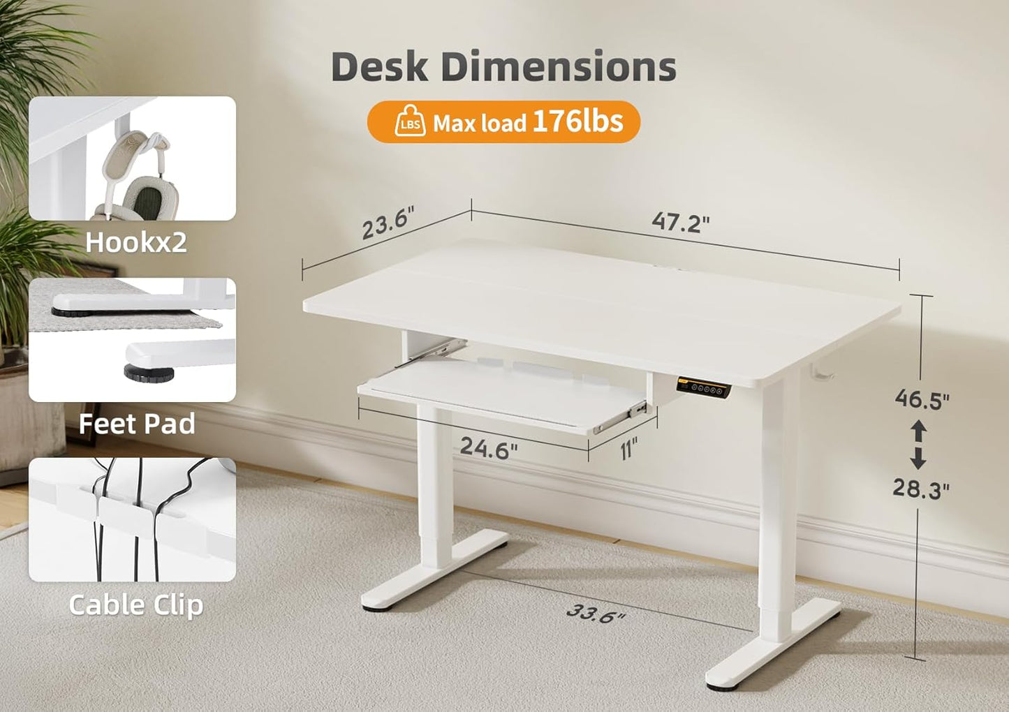 YDN Standing Desk, Height Adjustable Computer Desk with Keyboard Tray, 48 Inch White Ergonomic Desk for Home Office and Gaming