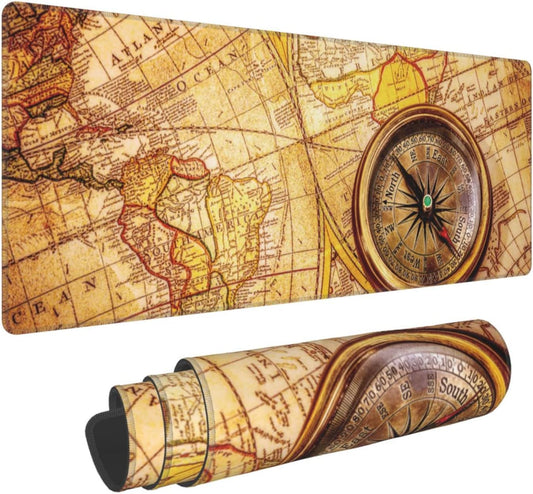 Vintage Compass Lies on Ancient World Map Extended Gaming Mouse Pad Large Desk Mat with Non-Slip Rubber Base and Stitched Edges,Keyboard Mouse Mat Desk Pad for Work,Game,Office,Home 35.4 * 15.7 Inch