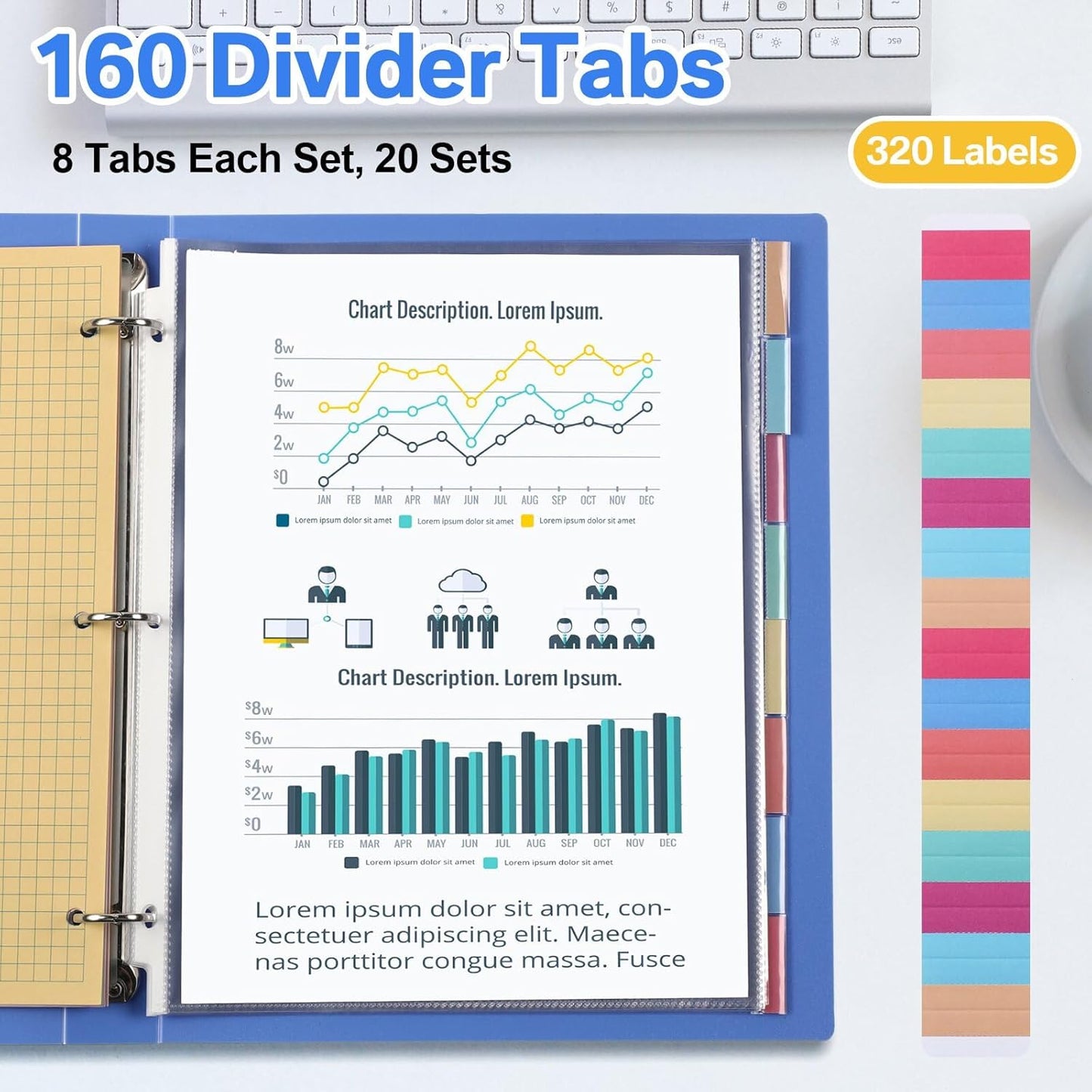 ReliThick 20 Set of 160 Pack Clear Sheet Protectors 8.5 x 11 Inch Page Protector for 3 Ring Binder with 8 Tabs Plastic Dividers for 3 Ring Binder, Insertable Index Page Divider Multicolor Tabs