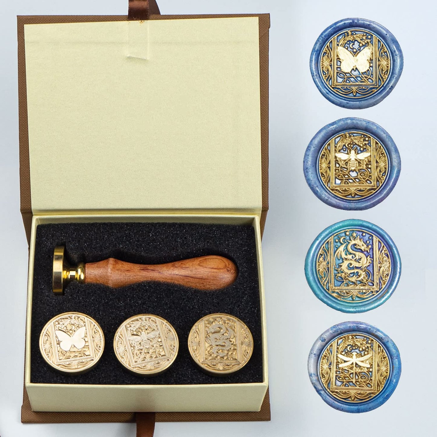 Animal Wax Seal Stamp Set with 4 PCS Removable Brass Heads and 1 Wooden Handle - Retro Starry Butterfly Dragonfly Bee Dragon Sealing Wax Stamp for Cards Invitations