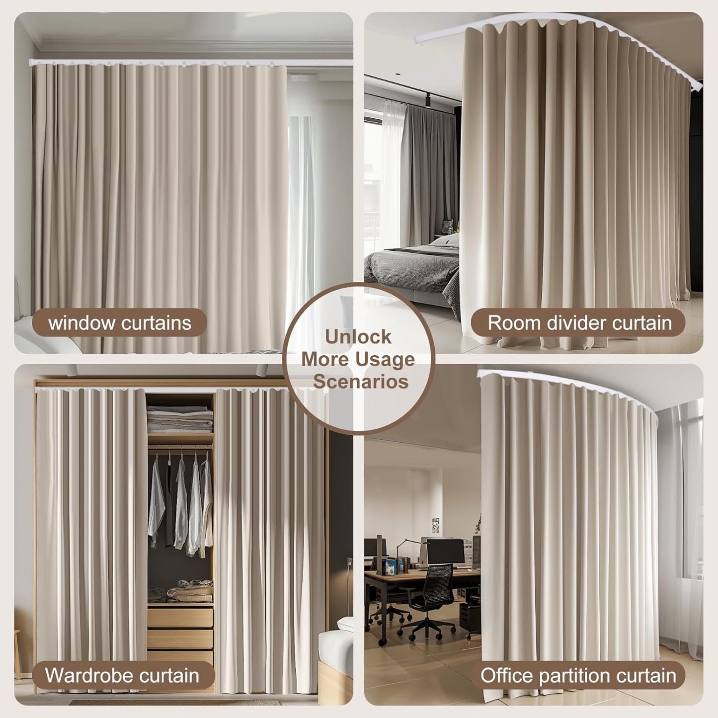 Room Divider Curtains & Flexible Bendable Tracks Set,Privacy Dividers Ceiling Track Curtain Window Blackout Curtains for Living Room Bedroom (W120 × H108 In 1 Panel Beige Drape & White Rail)