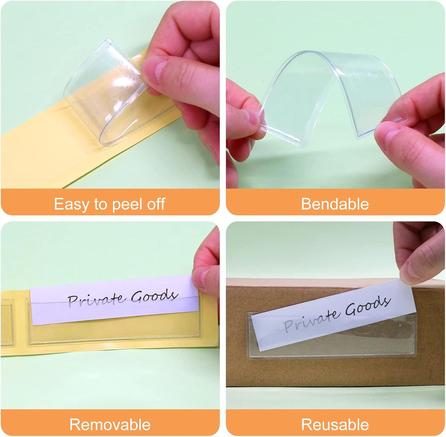 Label Holders Adhesive Shelf Tags - Fushing 150Pcs Clear Plastic Labels for Storage Bins with Name Label Badge Inserts, Removable Adhesive Pockets for Shelf Mailbox Binders Drawers Cabinets Organizer