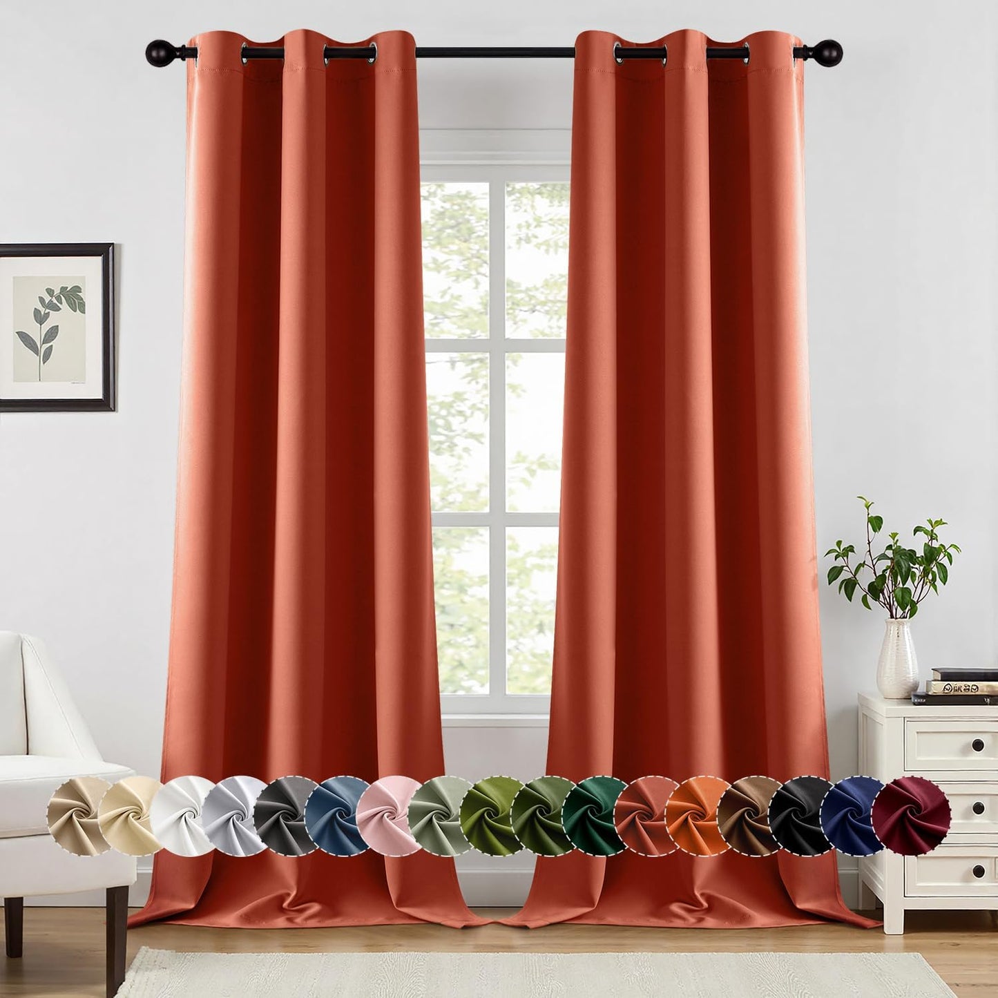 MIULEE Burnt Orange Blackout Curtains for Bedroom Living Room 96 Inches Long 2 Panels, Thermal Insulated Room Darkening Drapes Solid Grommet Top Noise Reduction Terracotta Rust Fall Window Treatments