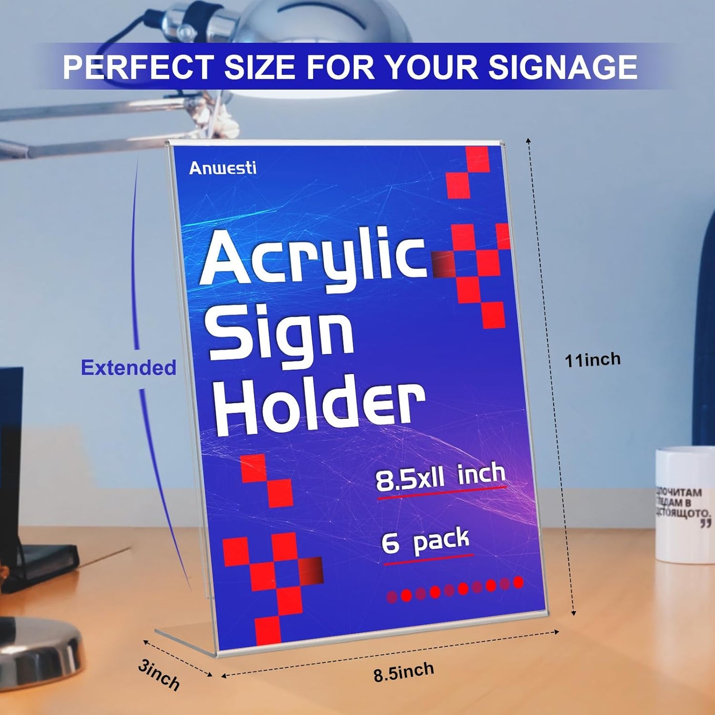 Acrylic Sign Holder 8.5" x 11" - 6 Pack Clear L-Shaped Tabletop Menu Frame for Restaurants, Photos, Posters | Slanted Back Design | Durable Promotional Display Stand